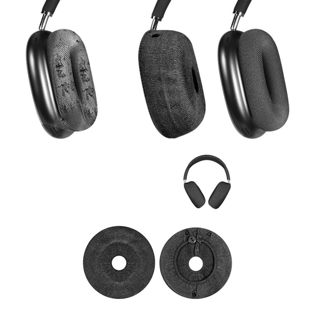 Mehrere Ansichten von Kopfhörern und Teilen. Ohrmuscheln, Ohrpolster und ein Stirnband. Weißer Hintergrund.