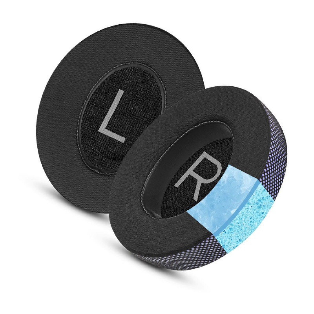 Due cuscinetti auricolari neri per cuffie etichettati con 'L' e 'R', con un dettaglio in spugna blu su uno.