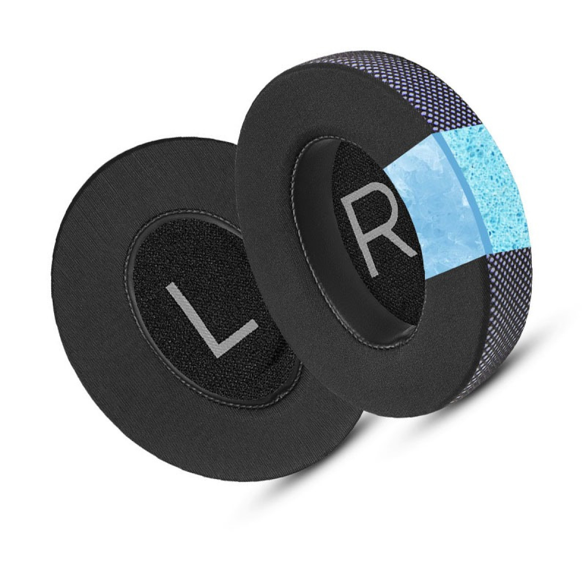 Due cuscinetti auricolari neri per cuffie etichettati con 'L' e 'R', con un dettaglio in spugna blu su uno.
