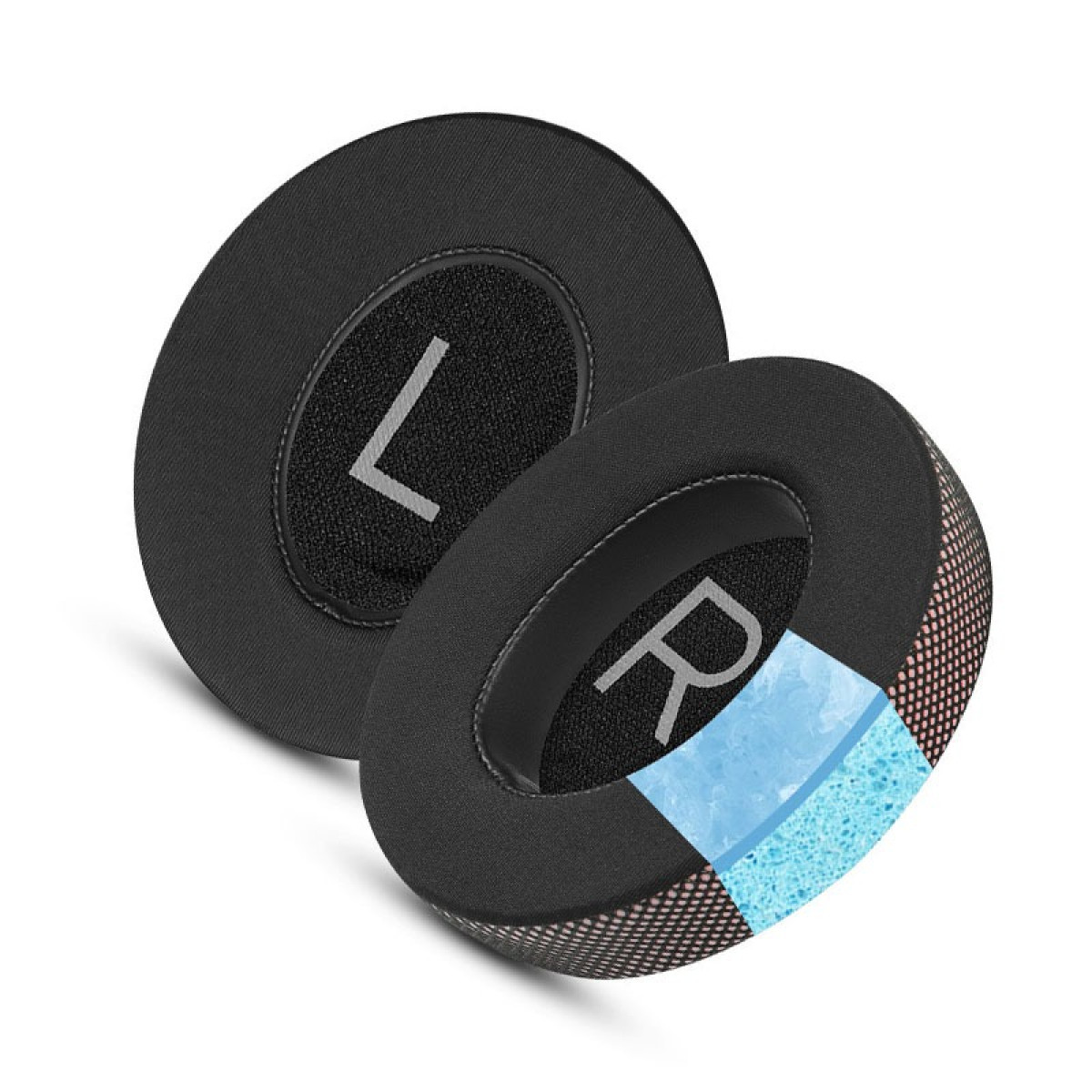 Due cuscinetti auricolari neri per cuffie etichettati con 'L' e 'R', che mostrano la texture e i dettagli blu.