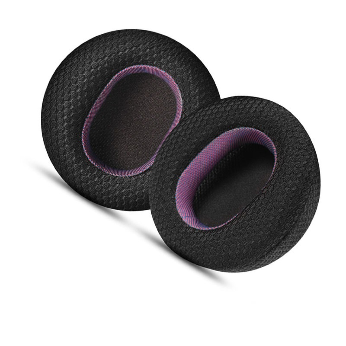 Due cuscinetti auricolari neri con interno rosa, posizionati su sfondo bianco.