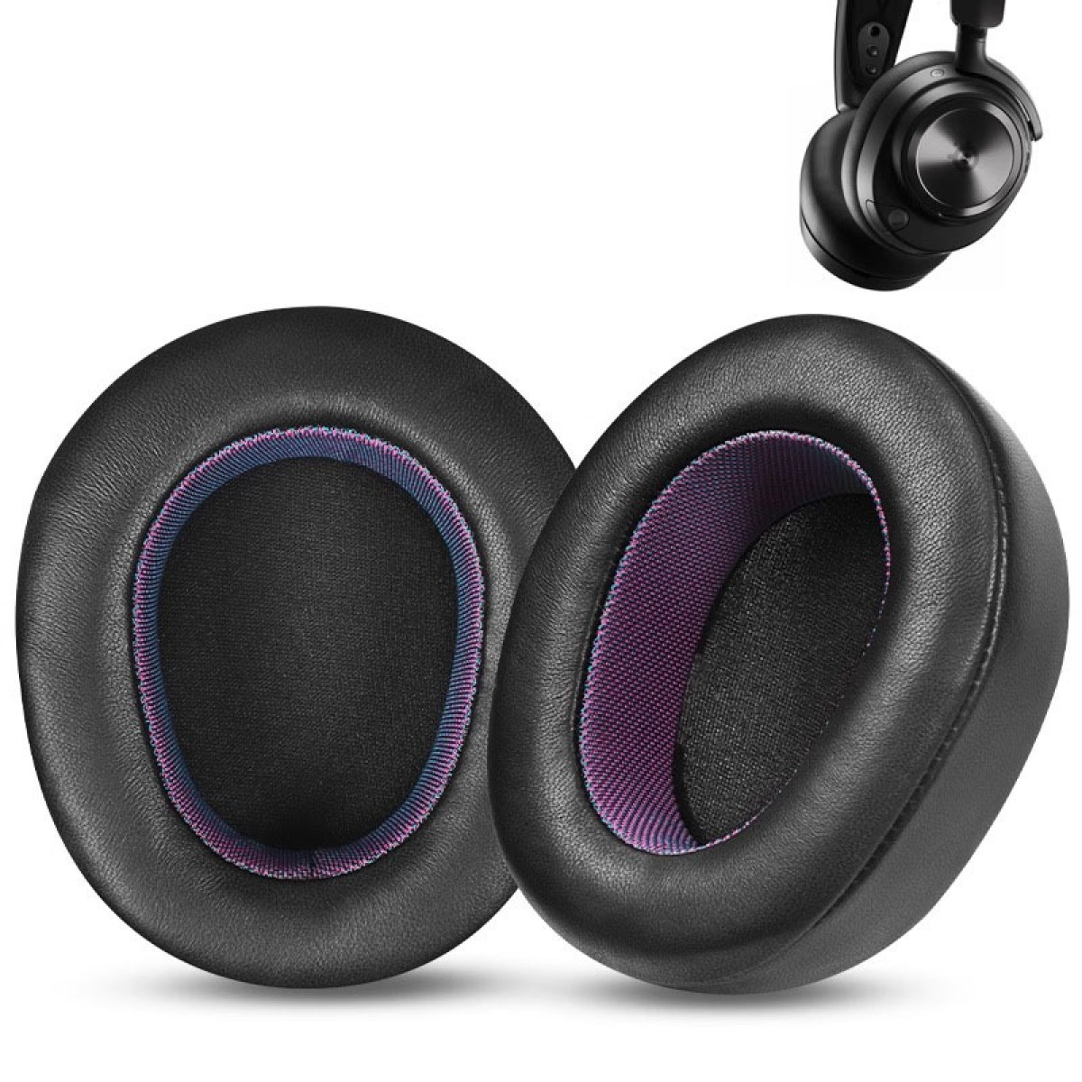 Due cuscinetti auricolari neri con interno blu e rosa e una cuffia nera. I cuscinetti sono in pelle.
