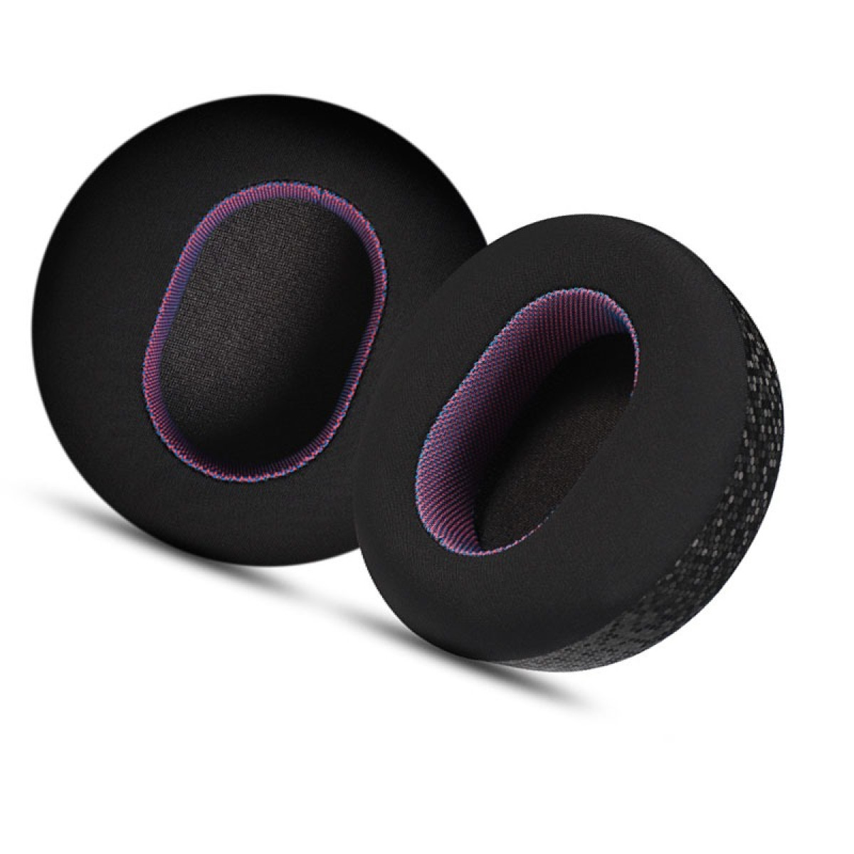 Due cuscinetti auricolari circolari neri con interno blu e rosa. I cuscinetti sono su sfondo bianco.