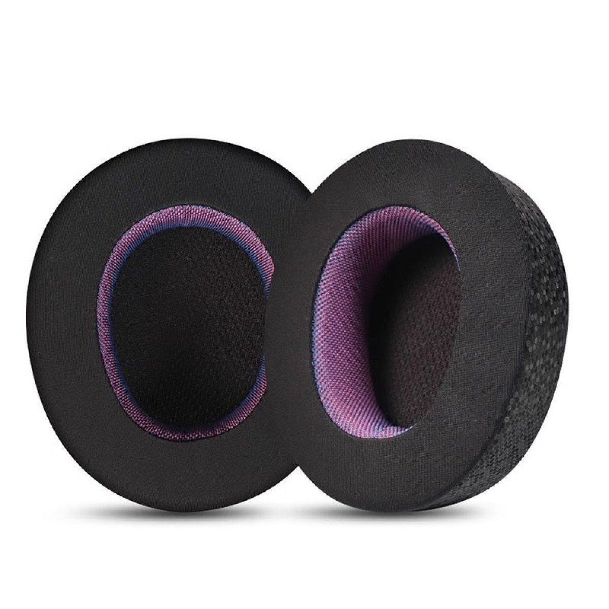 Due cuscinetti auricolari neri con interno blu e rosa. I cuscinetti sono su sfondo bianco. I cuscinetti sono in rete.