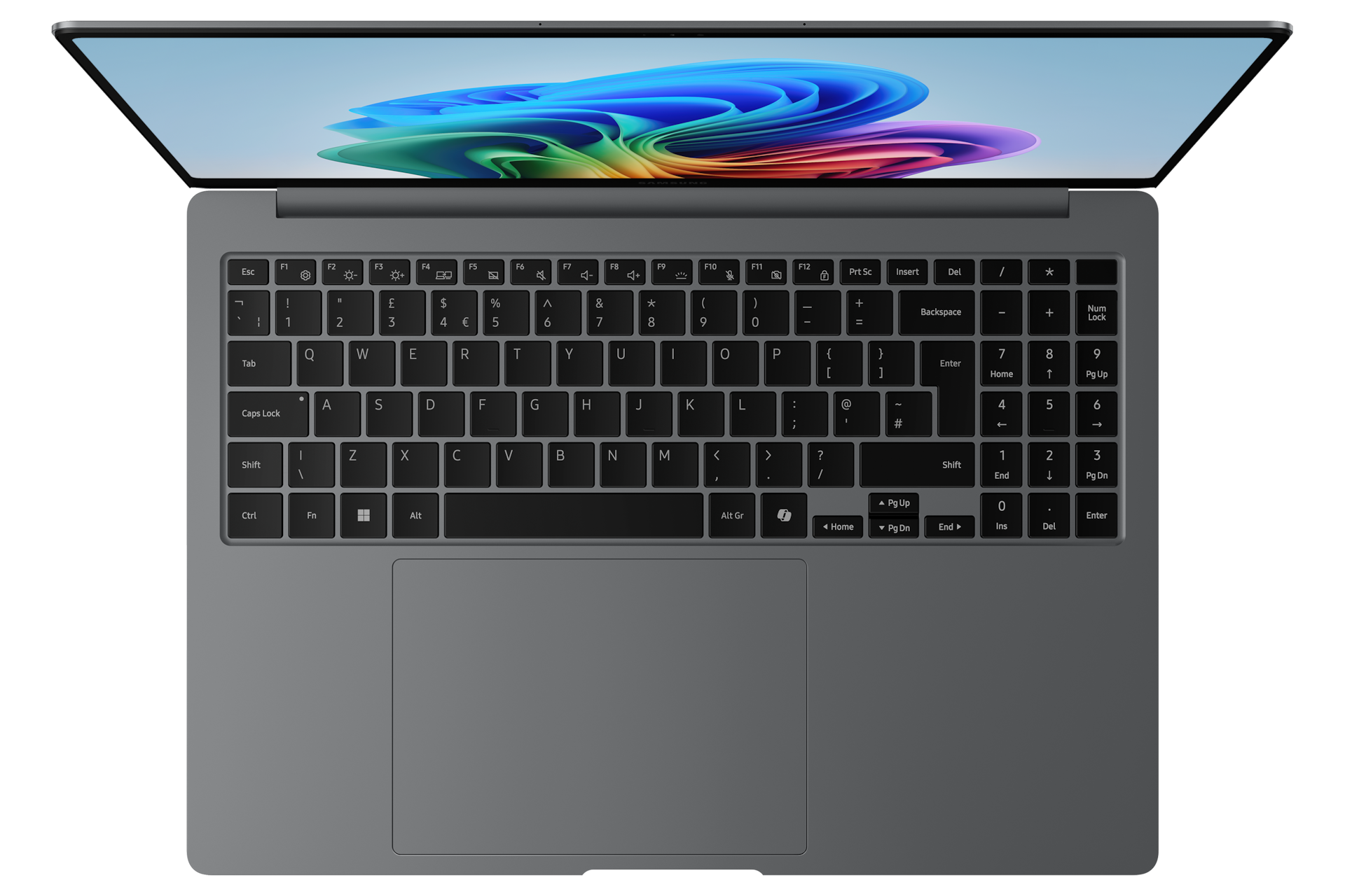 Ein grauer Laptop mit offenem Bildschirm, der ein farbenfrohes, abstraktes Bild zeigt. Die Tastatur ist darunter sichtbar.