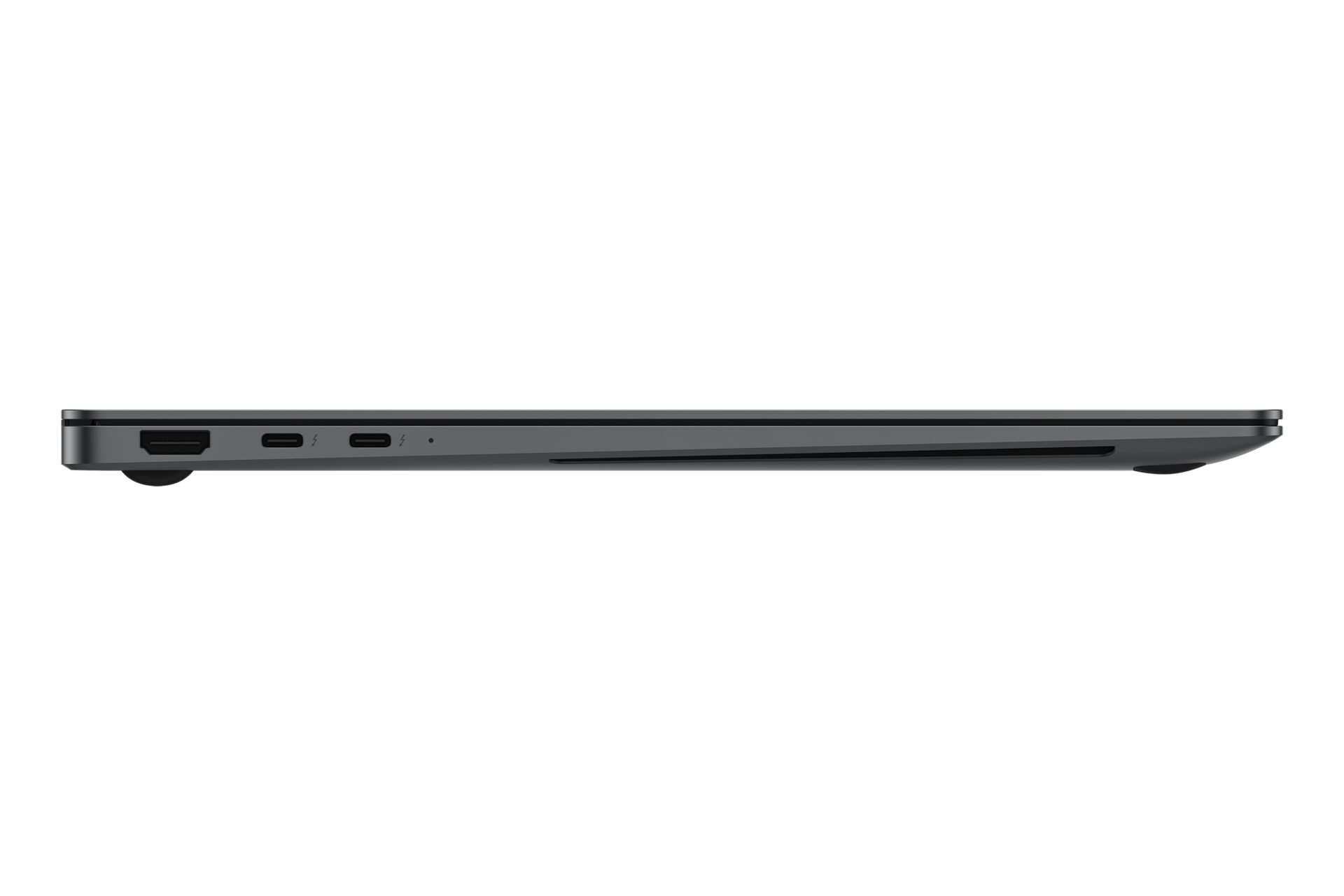 Seitenansicht eines grauen Laptops auf schwarzem Hintergrund. Sichtbare Anschlüsse sind HDMI, USB-C und Audio.