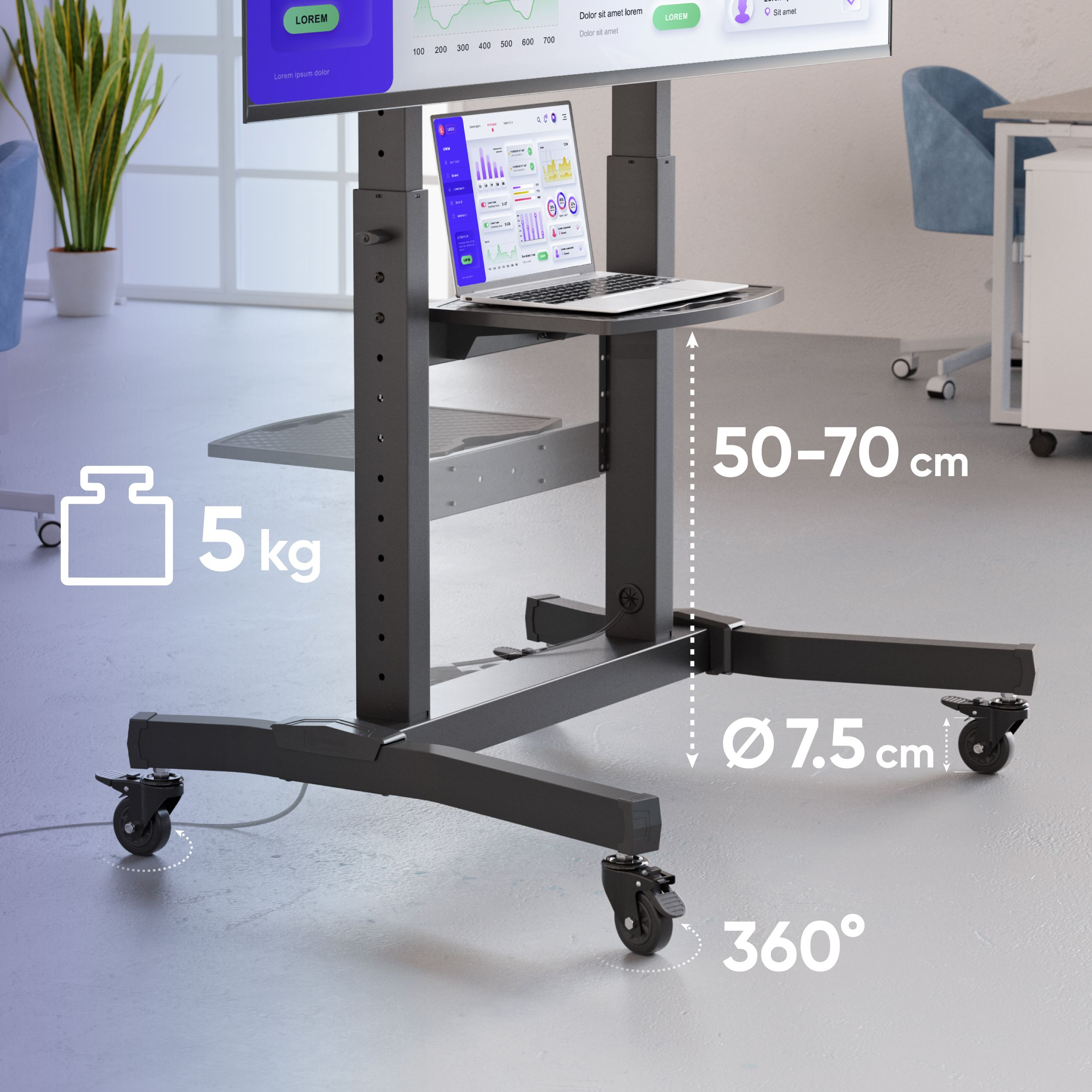 Un soporte de TV rodante negro con una laptop, con dimensiones e información de peso mostradas.