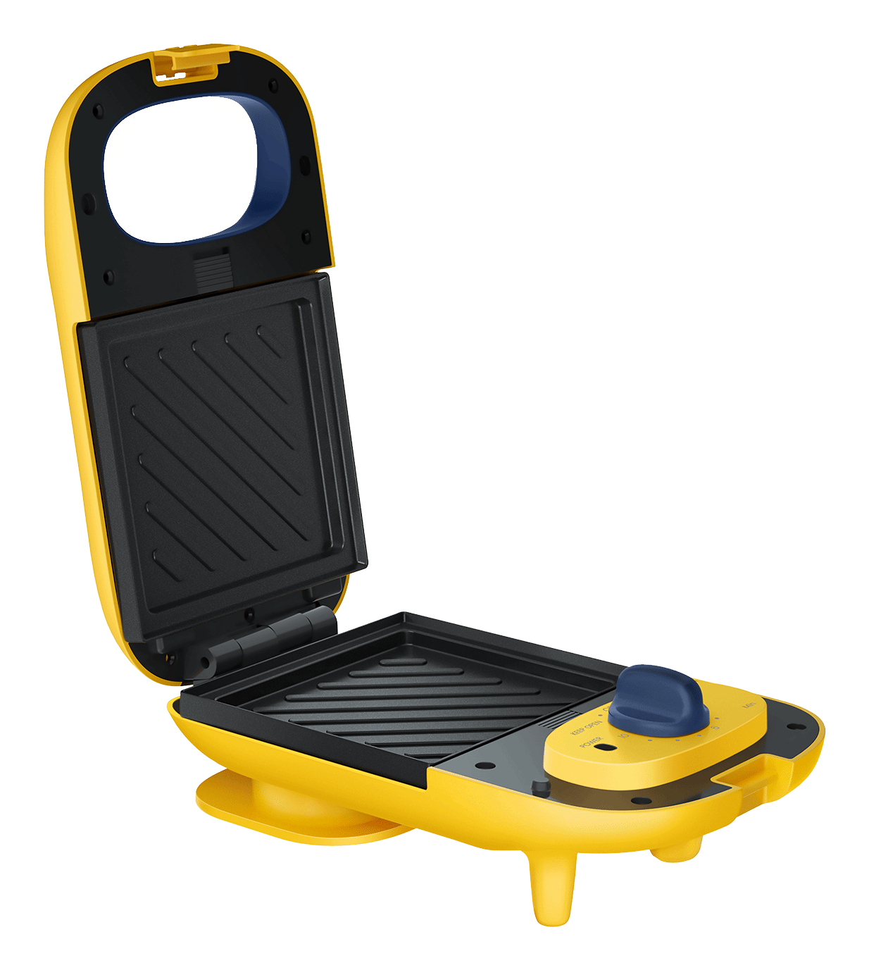 Sandwich maker giallo aperto, rivela la griglia. Il quadrante blu è visibile.
