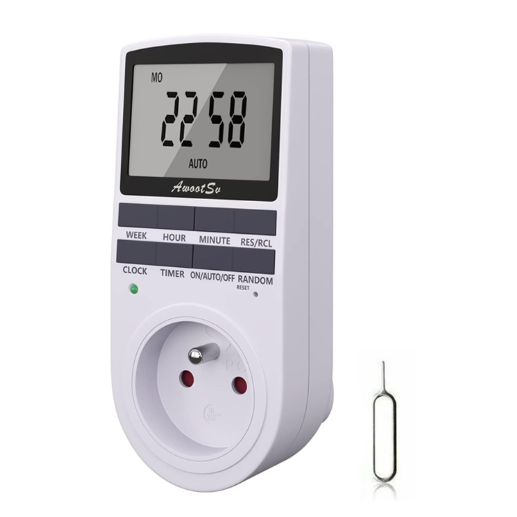 Ein weißer digitaler Timer mit Stecker und Knöpfen. Das Display zeigt 22:58 an.