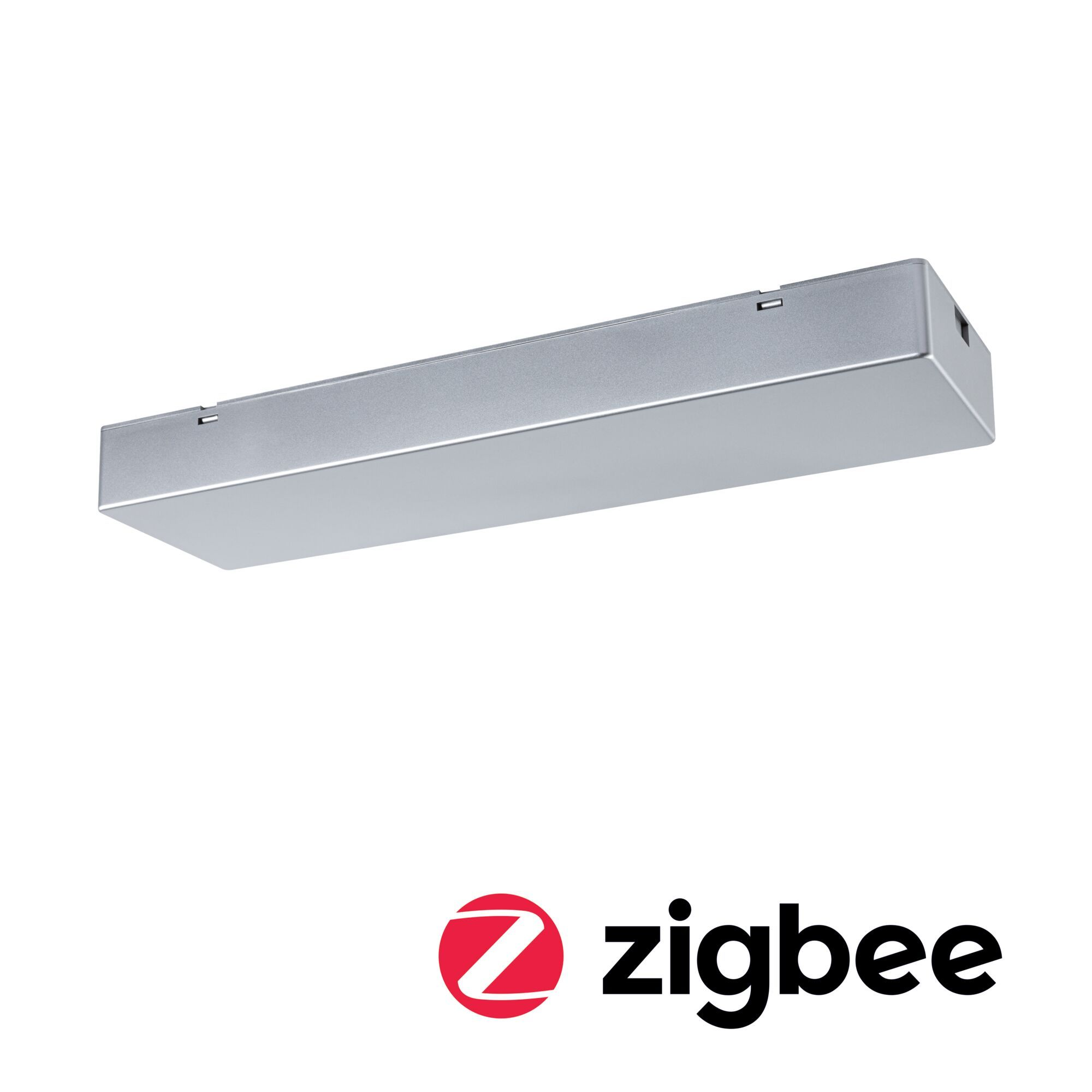 Srebrna prostokątna oprawa oświetleniowa z logo 'zigbee' na dole.