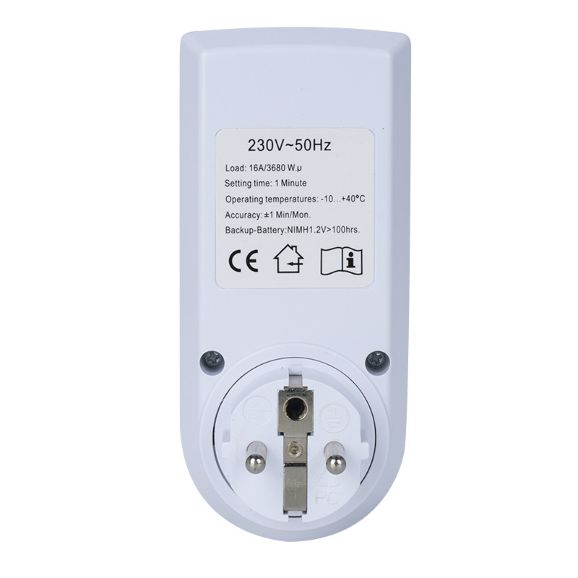 Die Rückseite eines weißen digitalen Timers mit Text, der Spezifikationen und einen Stecker detailliert.