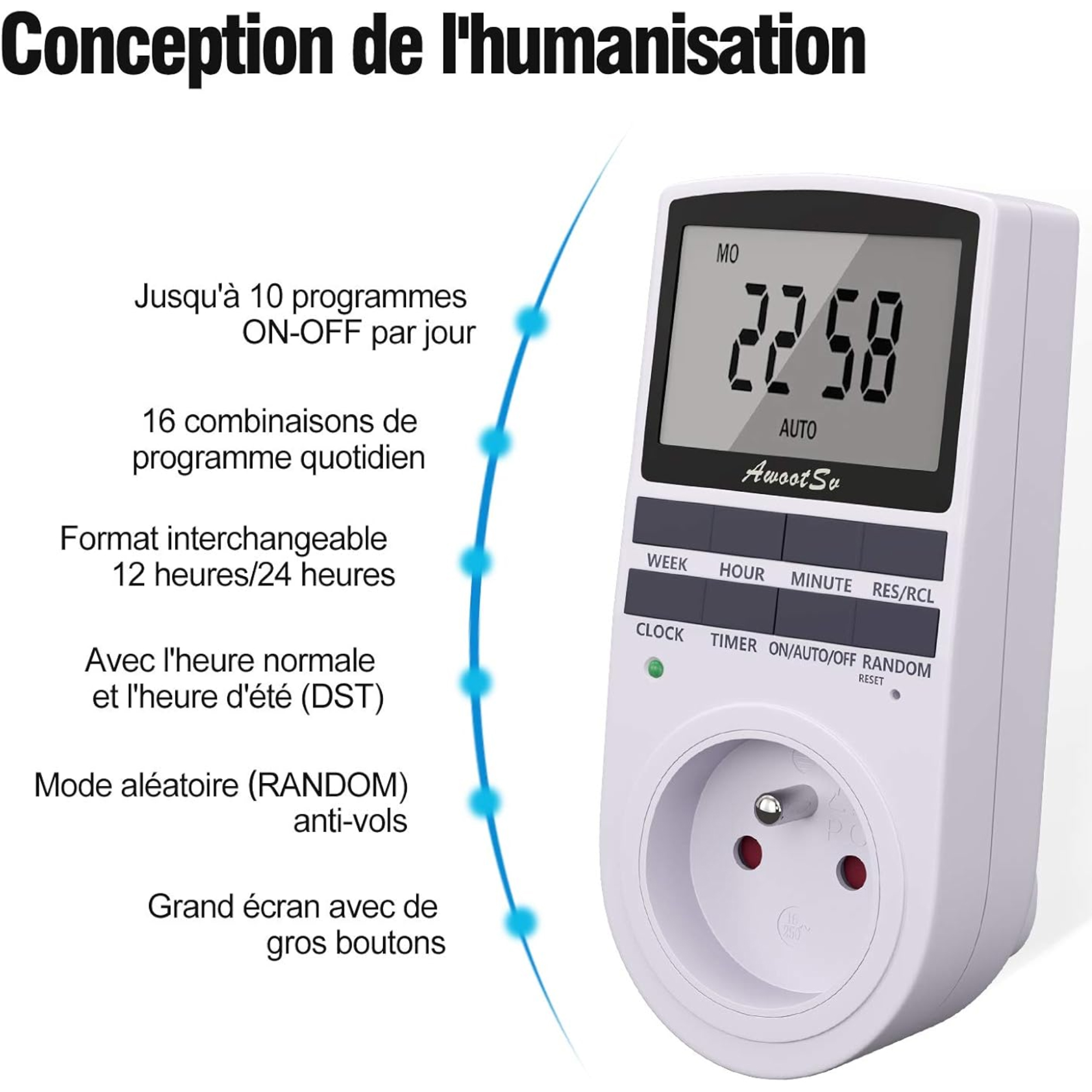 Ein weißer digitaler Timer mit Steckdose, Text auf Französisch, der Funktionen beschreibt, einschließlich Zufallsmodus gegen Diebstahl.
