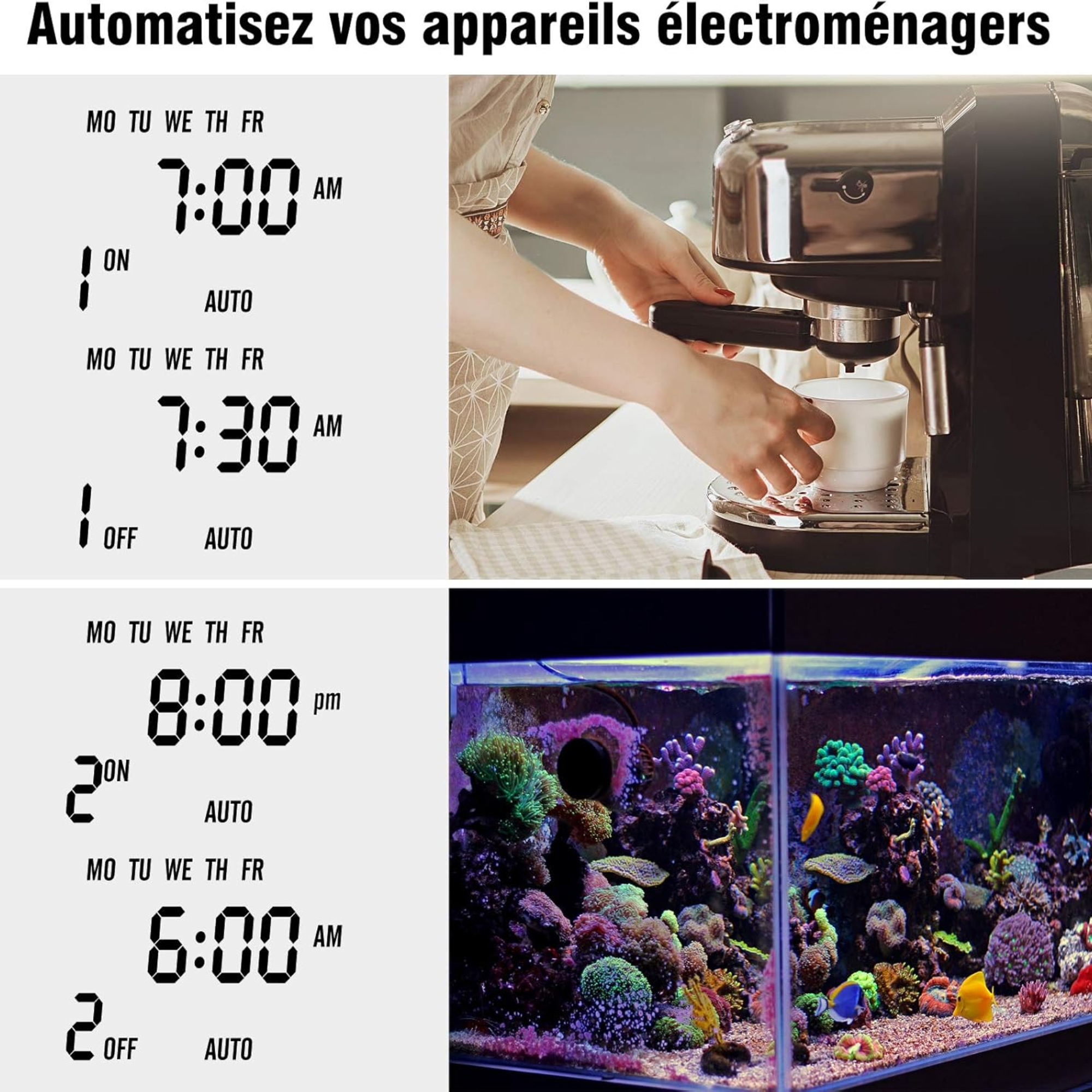 Zwei digitale Timer, die Zeiteinstellungen zeigen, einer schaltet eine Kaffeemaschine ein, der andere ein Aquarienlicht.
