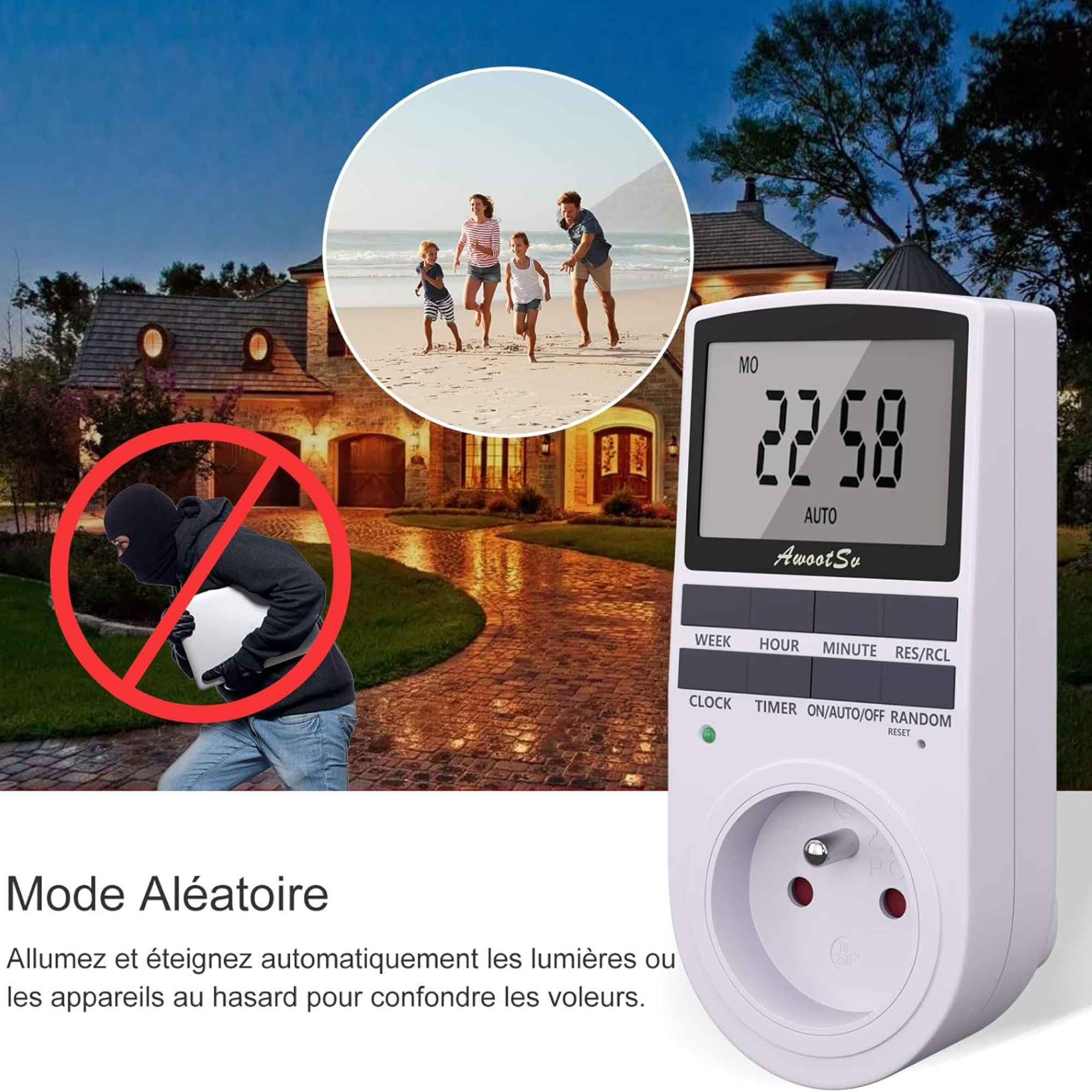 Ein digitaler Timer mit Steckdose, gezeigt in einer Szene mit Haus, Familie und Einbrecher, wobei der Anti-Diebstahl-Modus betont wird.
