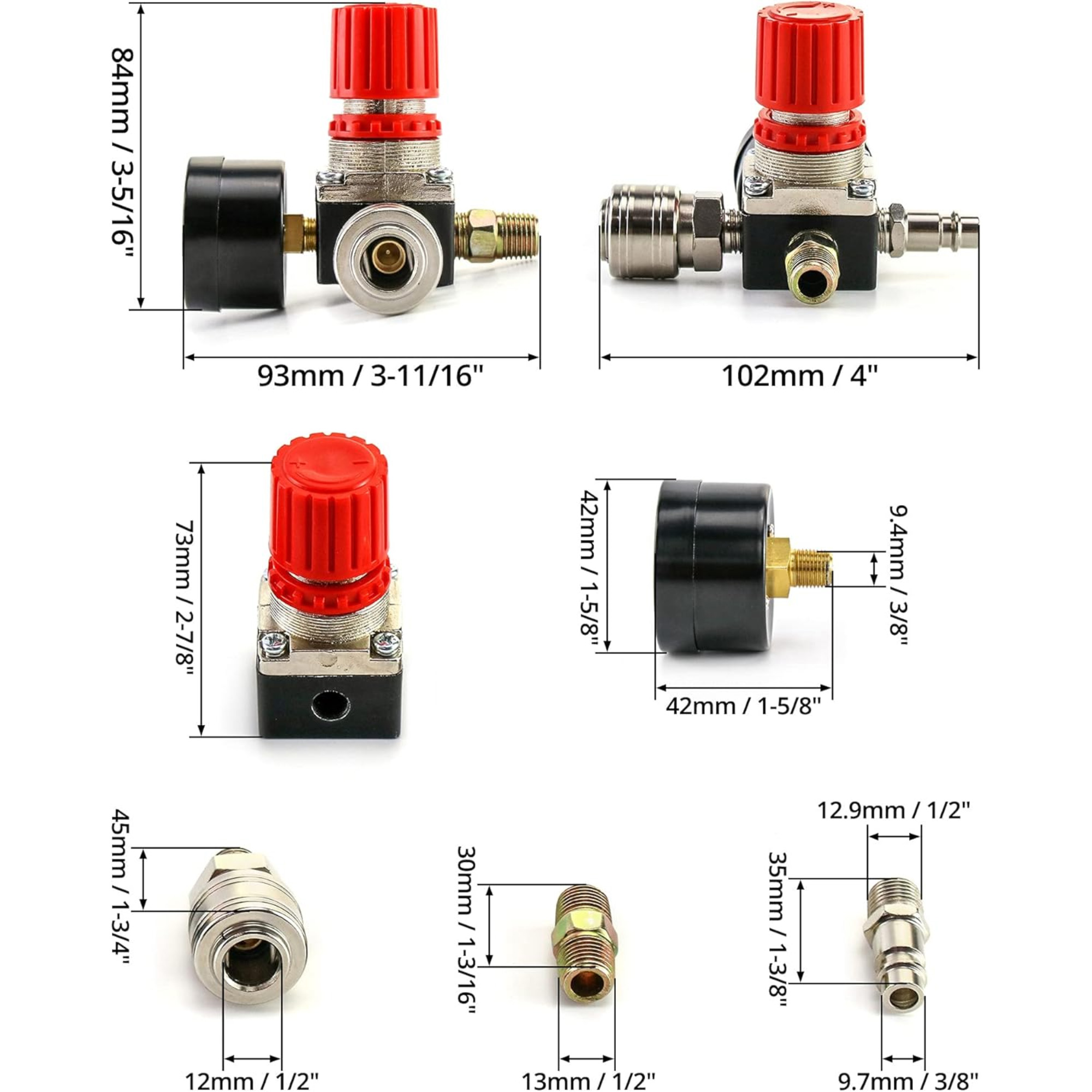 Diagramm mit Abmessungen des Luftdruckreglers: Höhe, Breite und verschiedene Bauteilgrößen. Enthält einen roten Knopf.