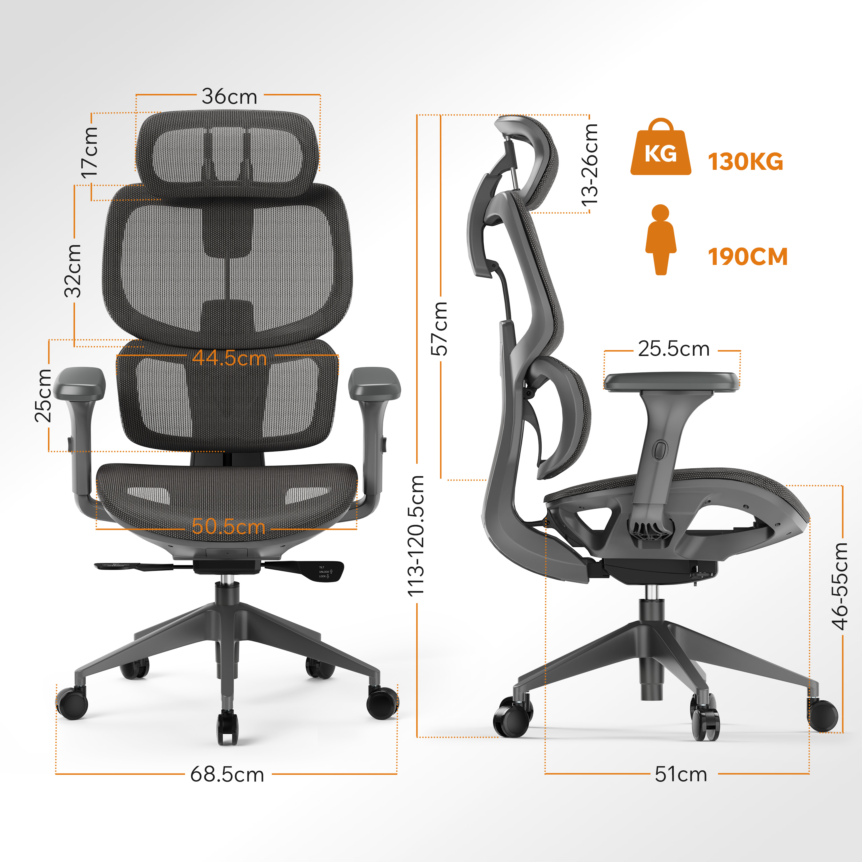 Afmetingen van een grijze ergonomische bureaustoel, met afmetingen in centimeters en gewicht/hoogte gegevens.