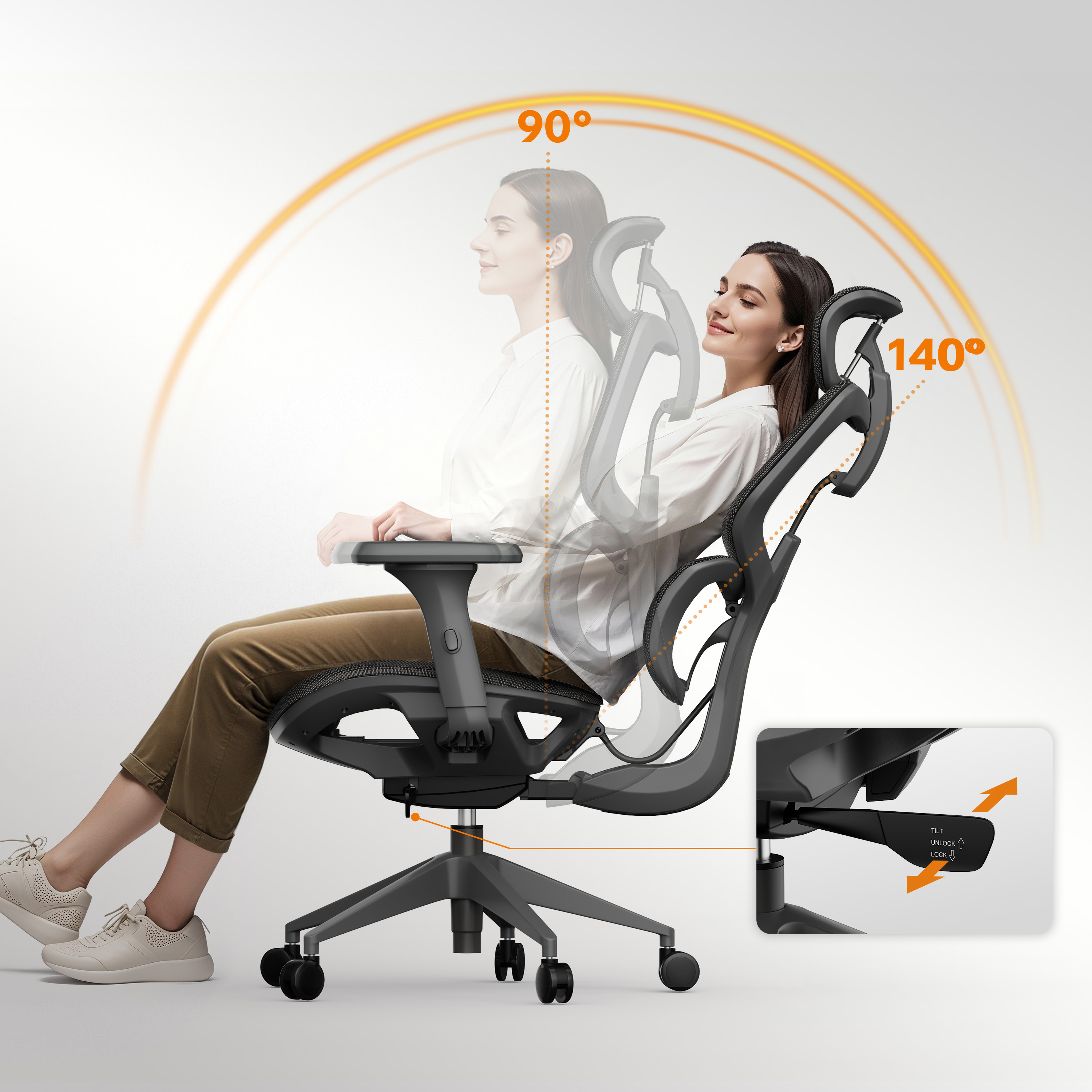 Persoon demonstreert de achteroverleuning van een grijze ergonomische bureaustoel, met hoeken van 90 en 140 graden.