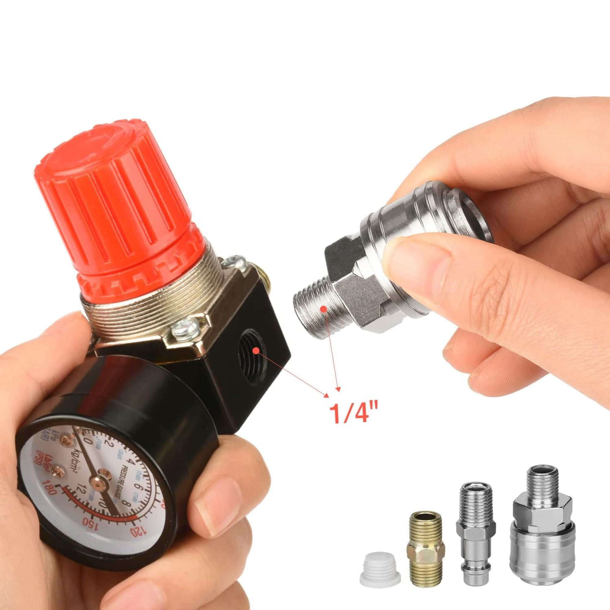 Hände montieren Teile eines Druckreglers. Enthält roten Knopf, Manometer und verschiedene Anschlüsse.