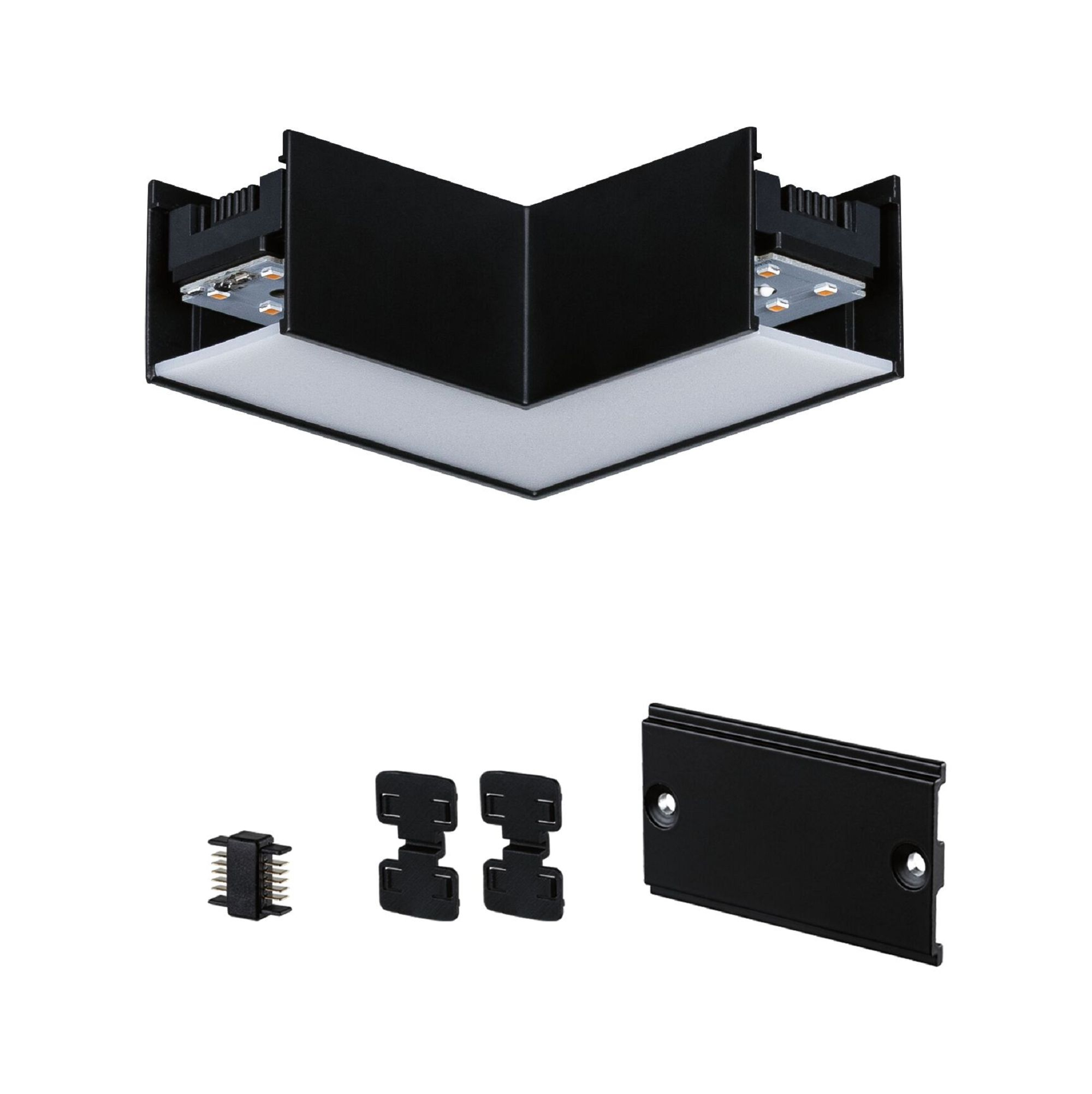 Eine schwarze Eckleuchte mit verschiedenen Hardware-Komponenten.
