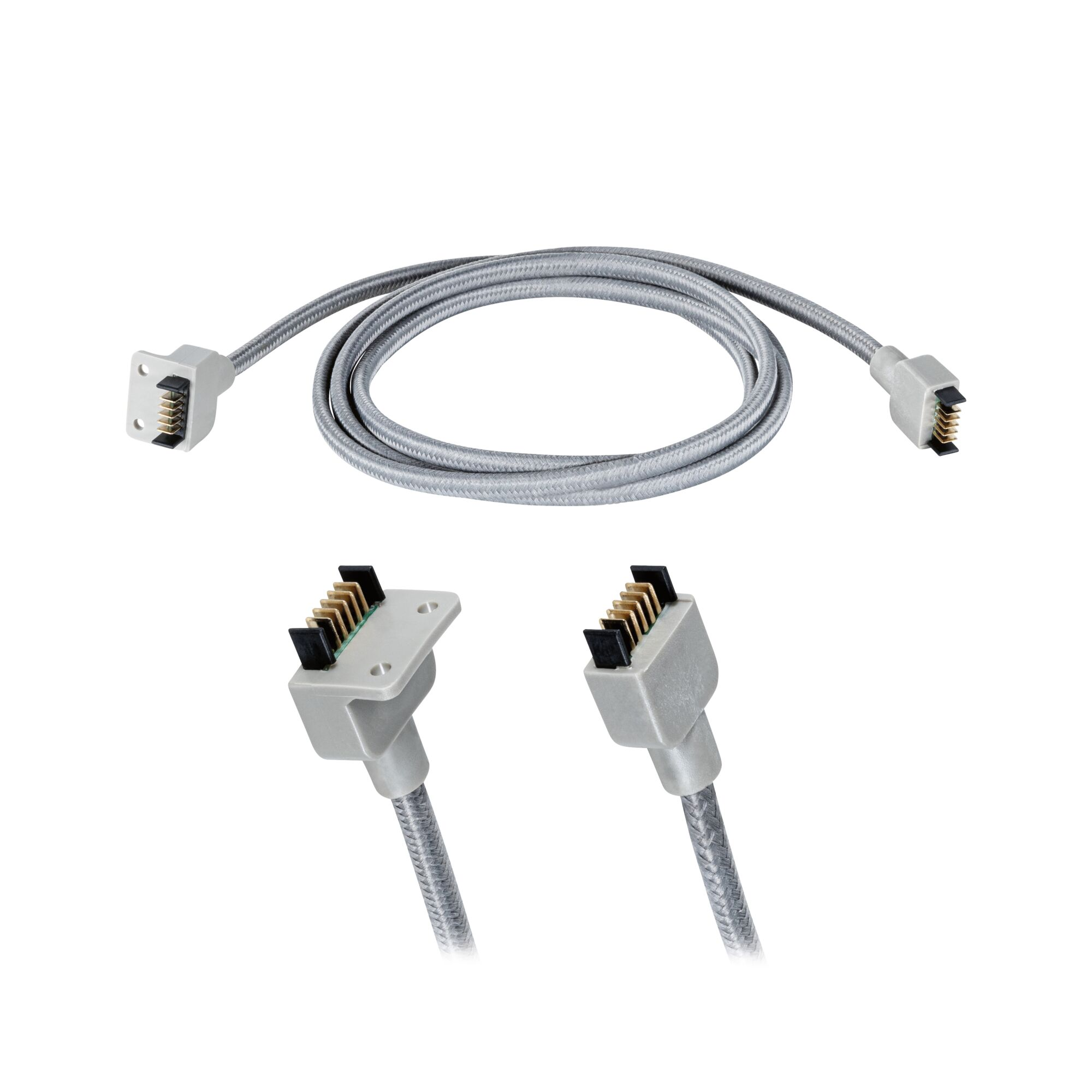 Ein graues Kabel mit Anschlüssen an beiden Enden, mit detaillierten Nahaufnahmen der Anschlüsse.