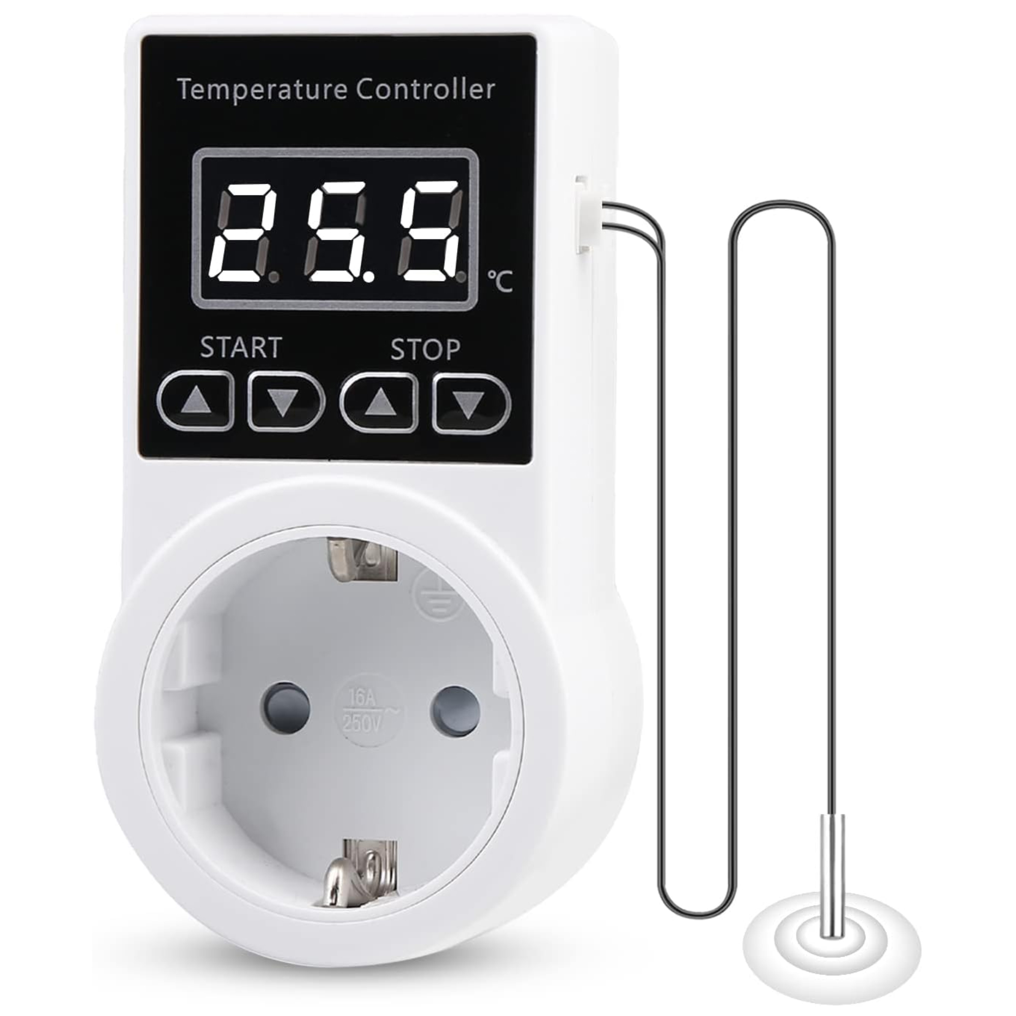 Weißer Temperaturregler mit Digitalanzeige, Knöpfen und Sonde. Die Anzeige zeigt 25,9 Grad Celsius.