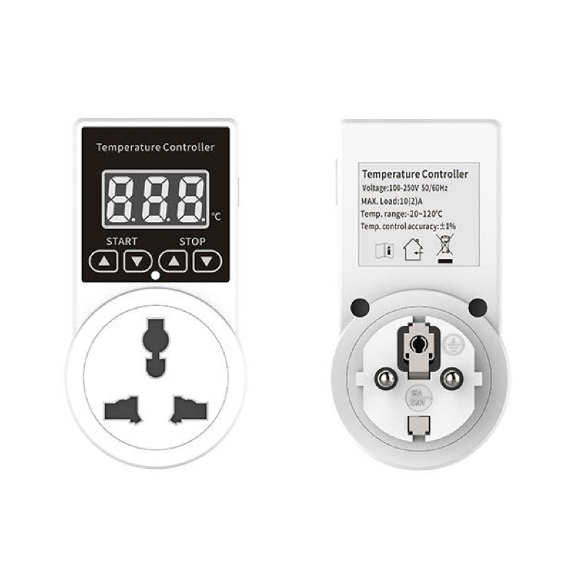 Zwei weiße Temperaturregler. Einer zeigt ein digitales Display, der andere die Rückseite.