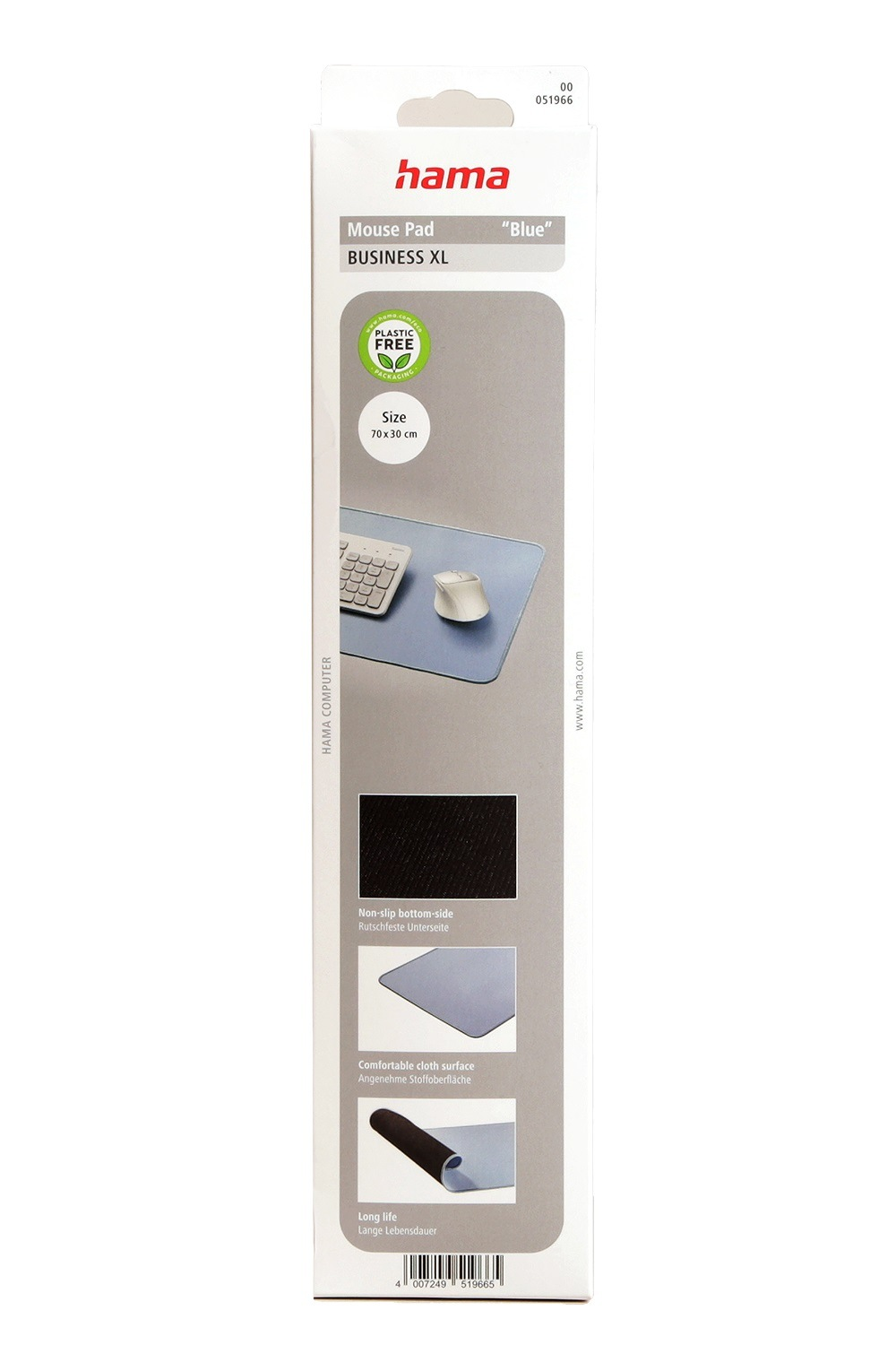 Eine Produktverpackung mit einem blauen Mousepad-Bild und Text. Die Box steht auf weißem Hintergrund.