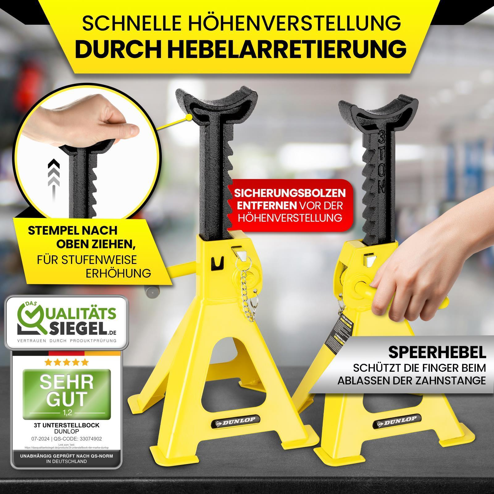 Zwei gelbe Wagenheber mit schwarzen Stützen und deutschem Text zur Höhenverstellung.