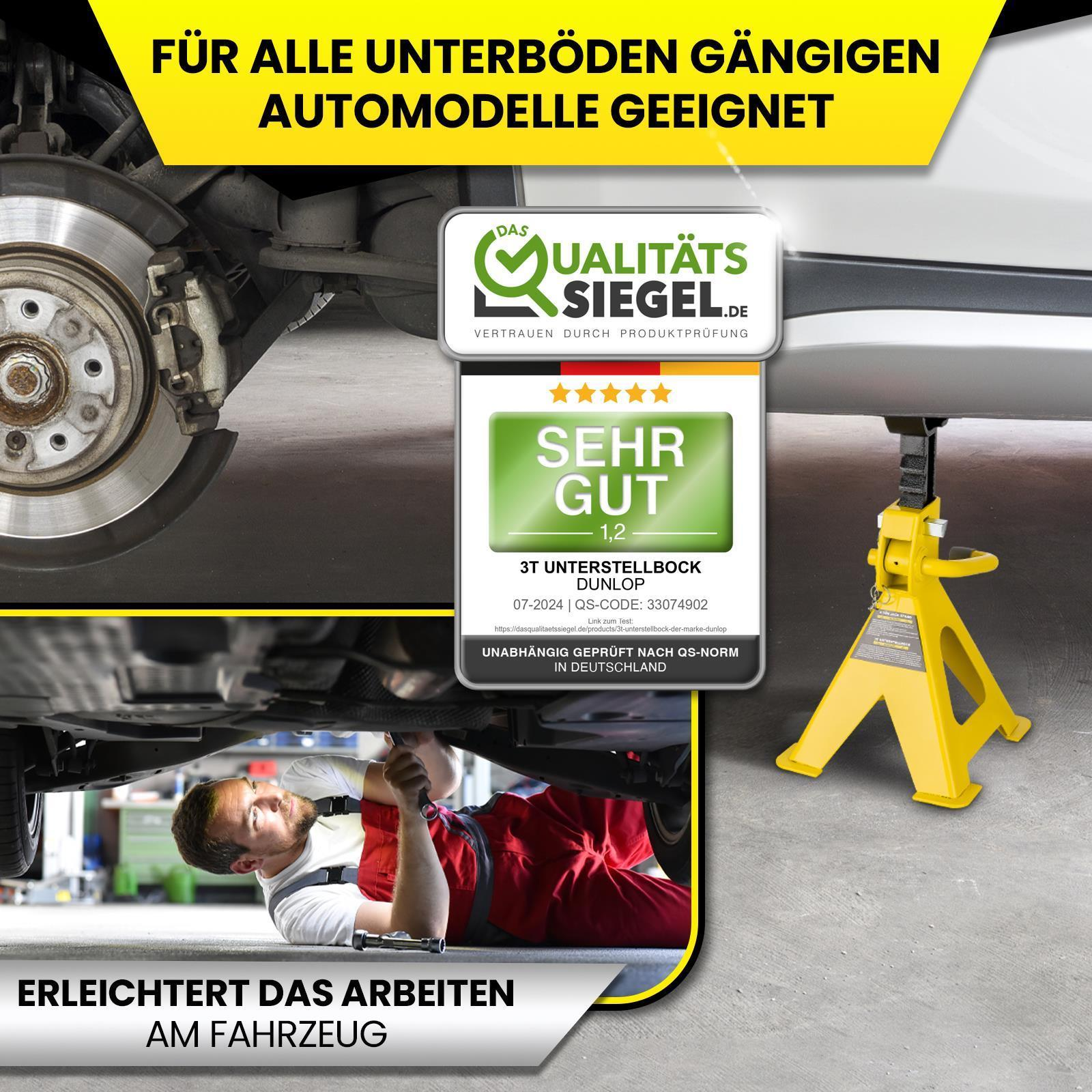 Ein Mechaniker arbeitet unter einem Auto, mit einem gelben Wagenheberständer und einem Siegel. Textbezeichnungen vorhanden.