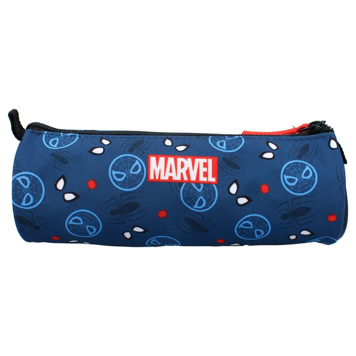 Ein blaues Marvel-Federmäppchen mit Spiderman- und Logo-Muster, vor weißem Hintergrund.