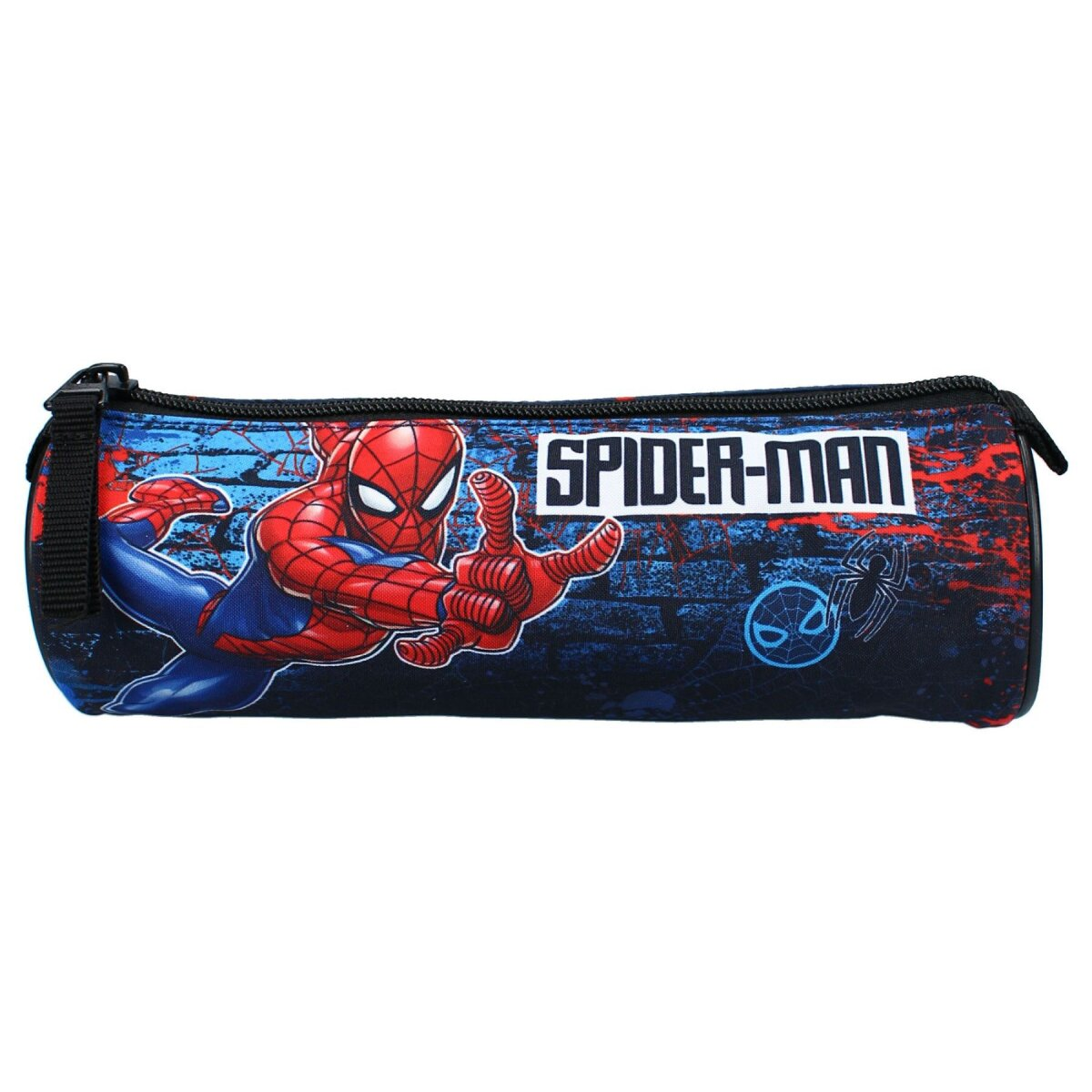 Ein Spiderman-Federmäppchen mit blauem und rotem Design, vor weißem Hintergrund.