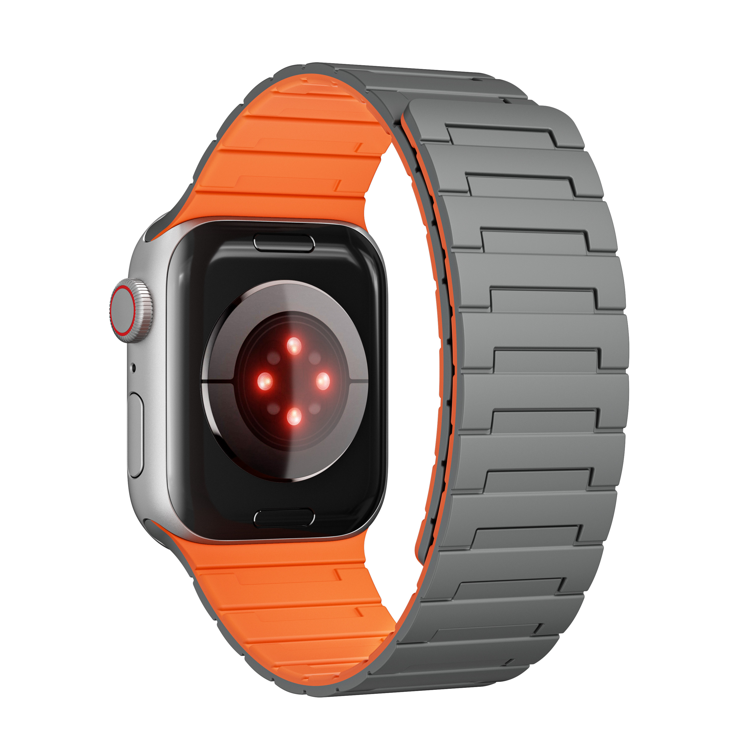 Silberne Apple Watch mit orangefarbenem Armband und beleuchtetem Herzfrequenzsensor. Graues Metallband. Weißer Hintergrund.