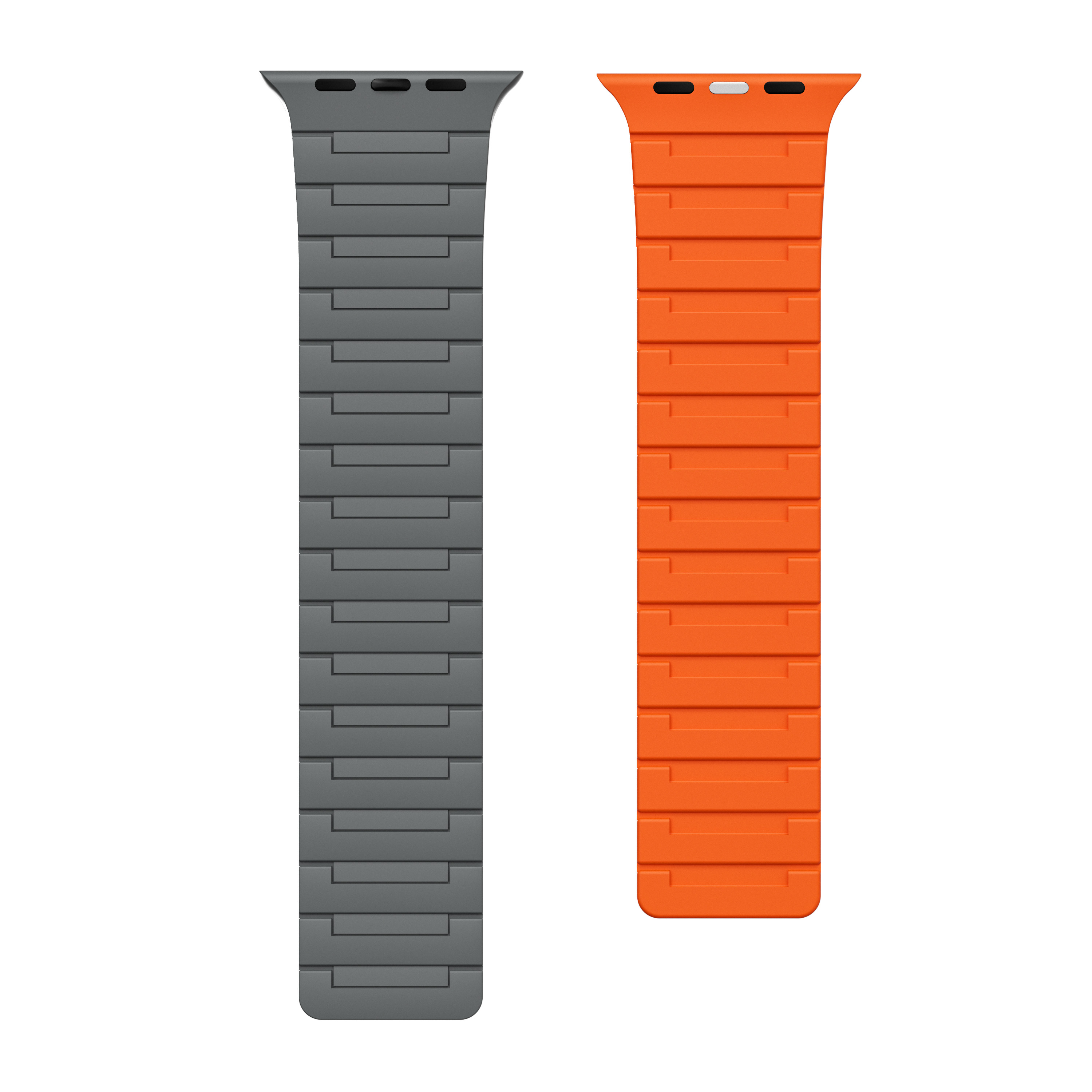 Zwei Uhrenarmbänder, eines grau und eines orange, auf weißem Hintergrund.