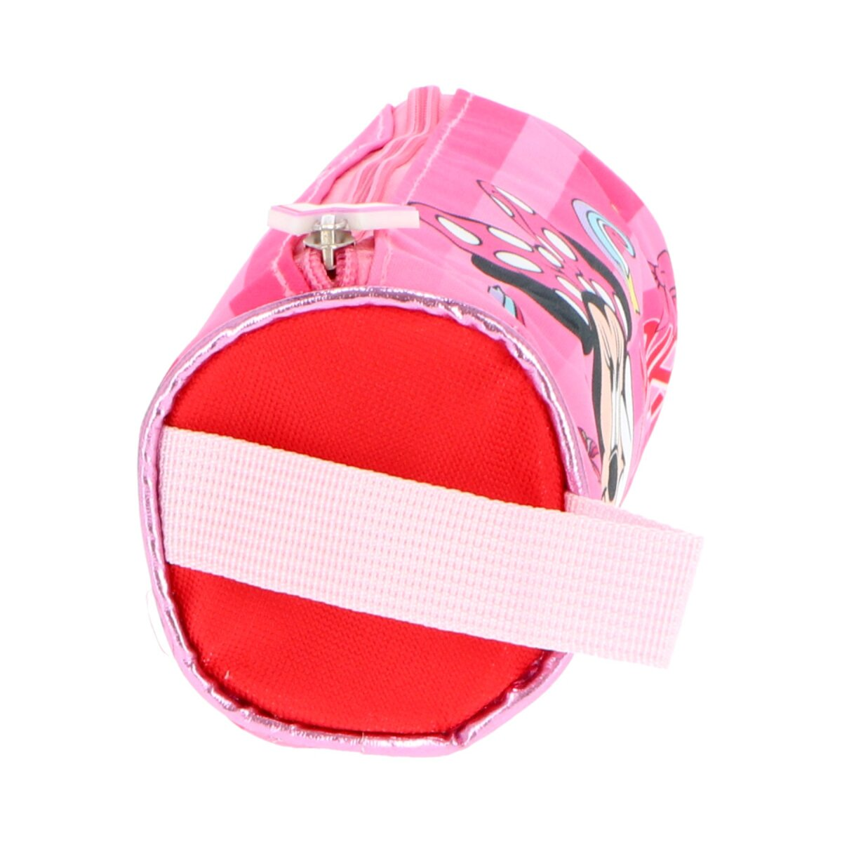 Rosa Federmäppchen mit Reißverschluss und rosa Riemen. Minnie-Mouse-Grafik. Roter Boden. Weißer Hintergrund.