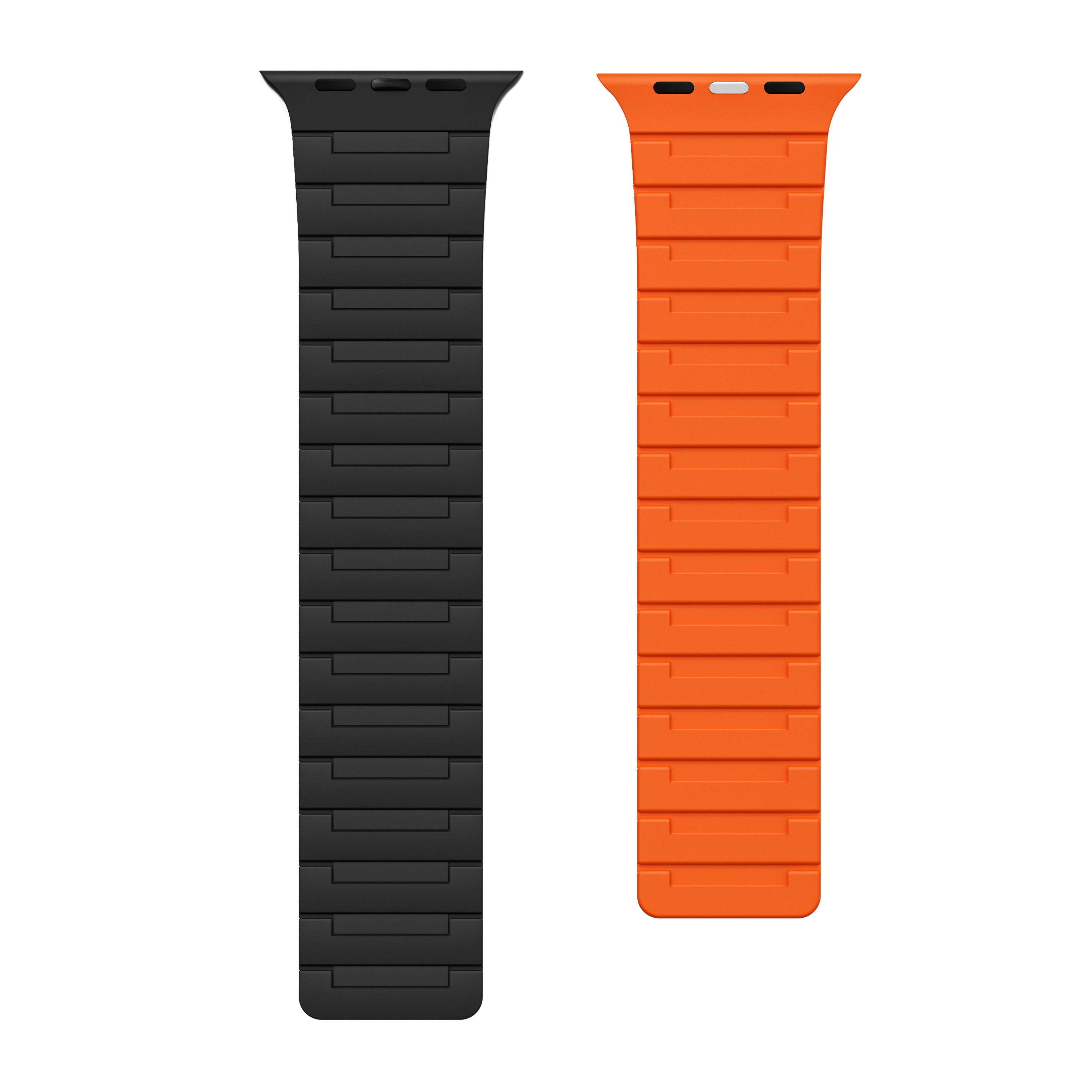 Zwei Uhrenarmbänder, schwarz und orange. Rechteckige Glieder. Eines schwarz, das andere orange.