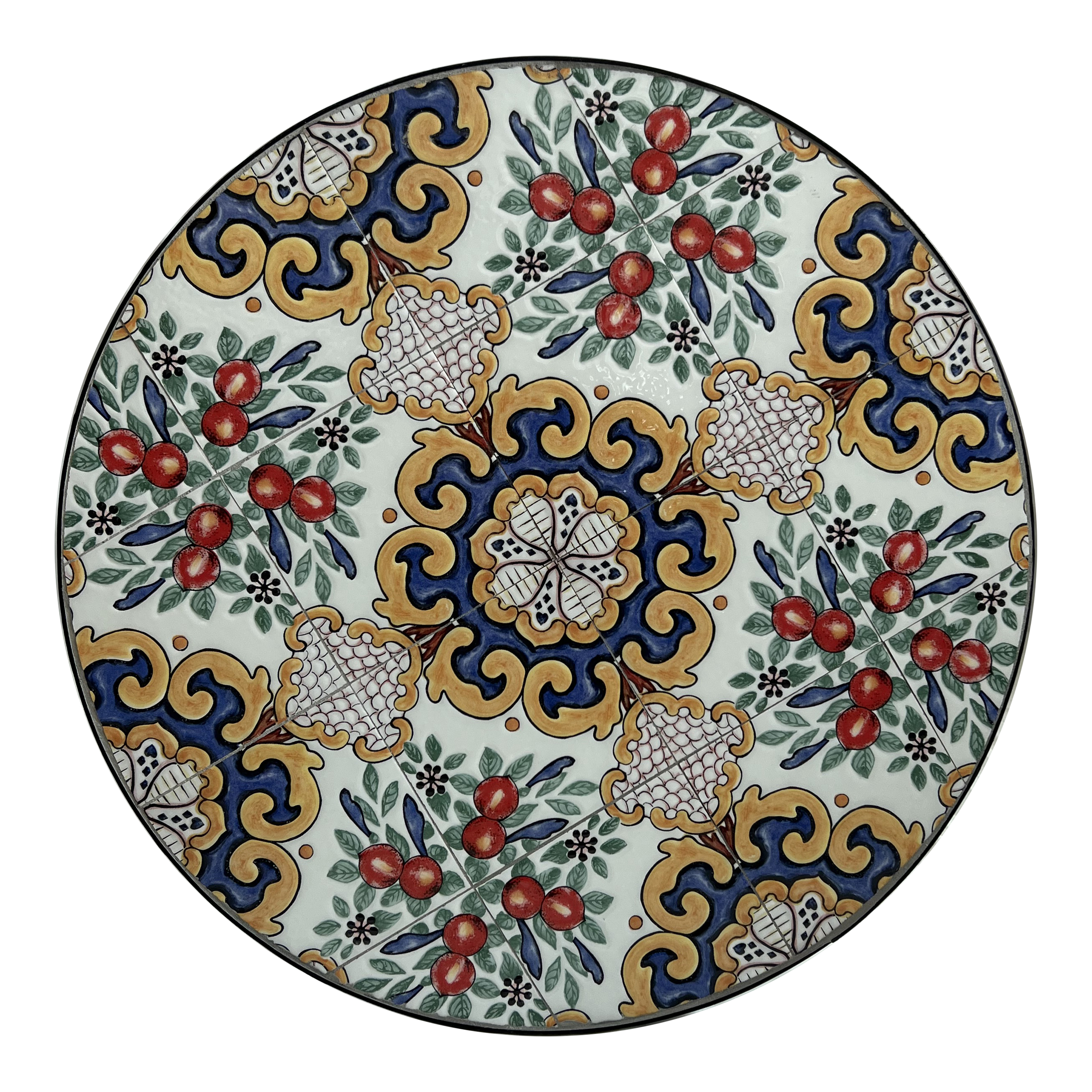 Ein runder, dekorativer Teller mit einem Blumen- und Fruchtmuster in Blau, Gelb und Rot.
