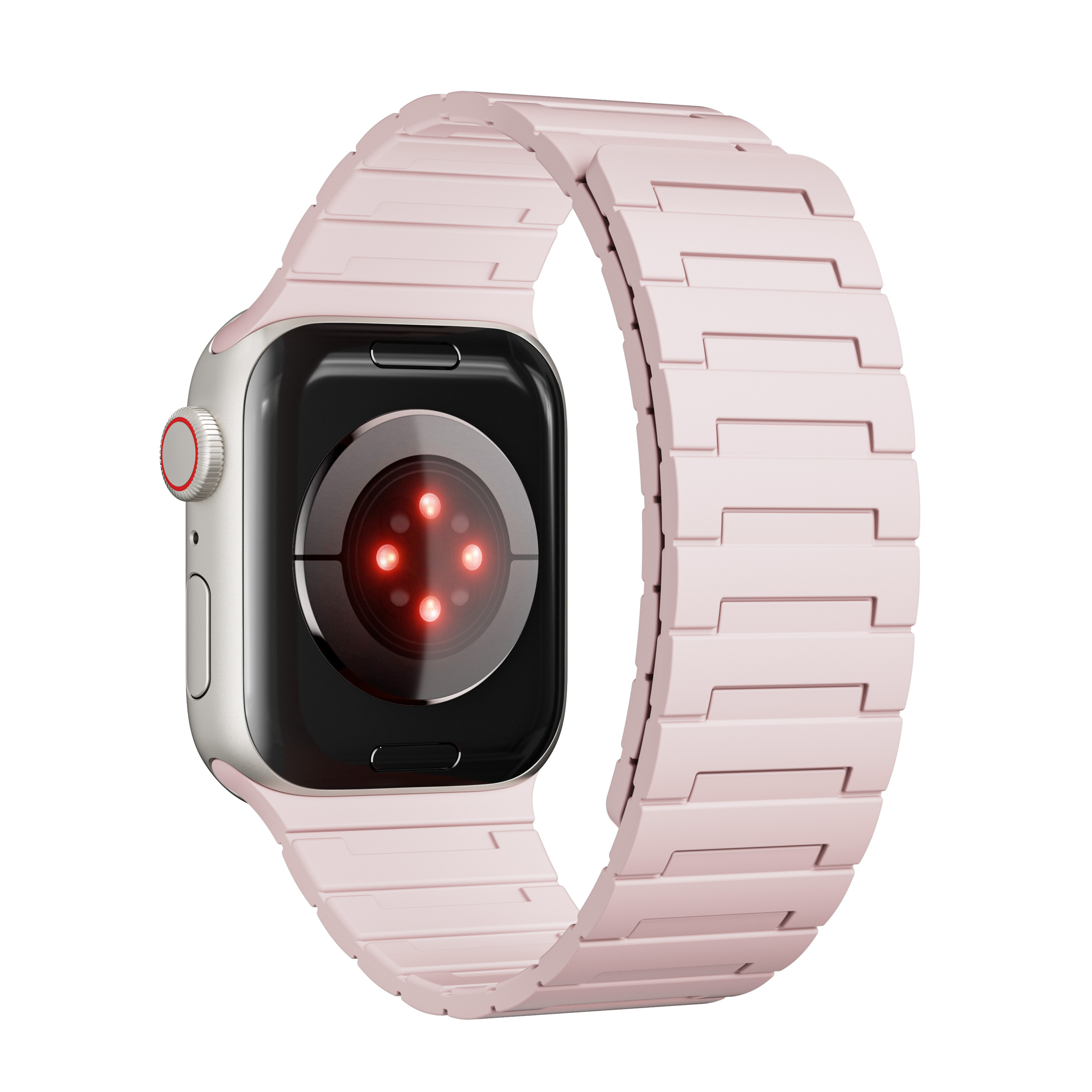 Eine Smartwatch mit pinkfarbenem Armband. Die Rückseite zeigt den Herzfrequenzsensor.