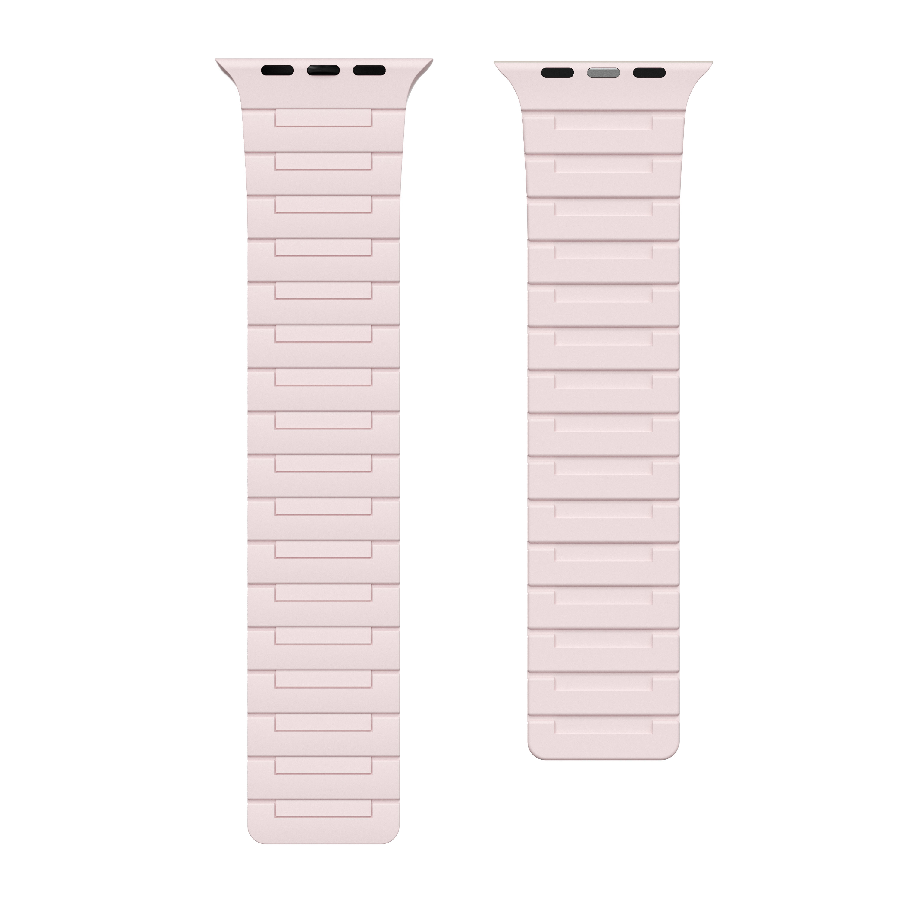 Zwei pinkfarbene Uhrenarmbänder. Die Bänder sind flach und haben ein strukturiertes Design.