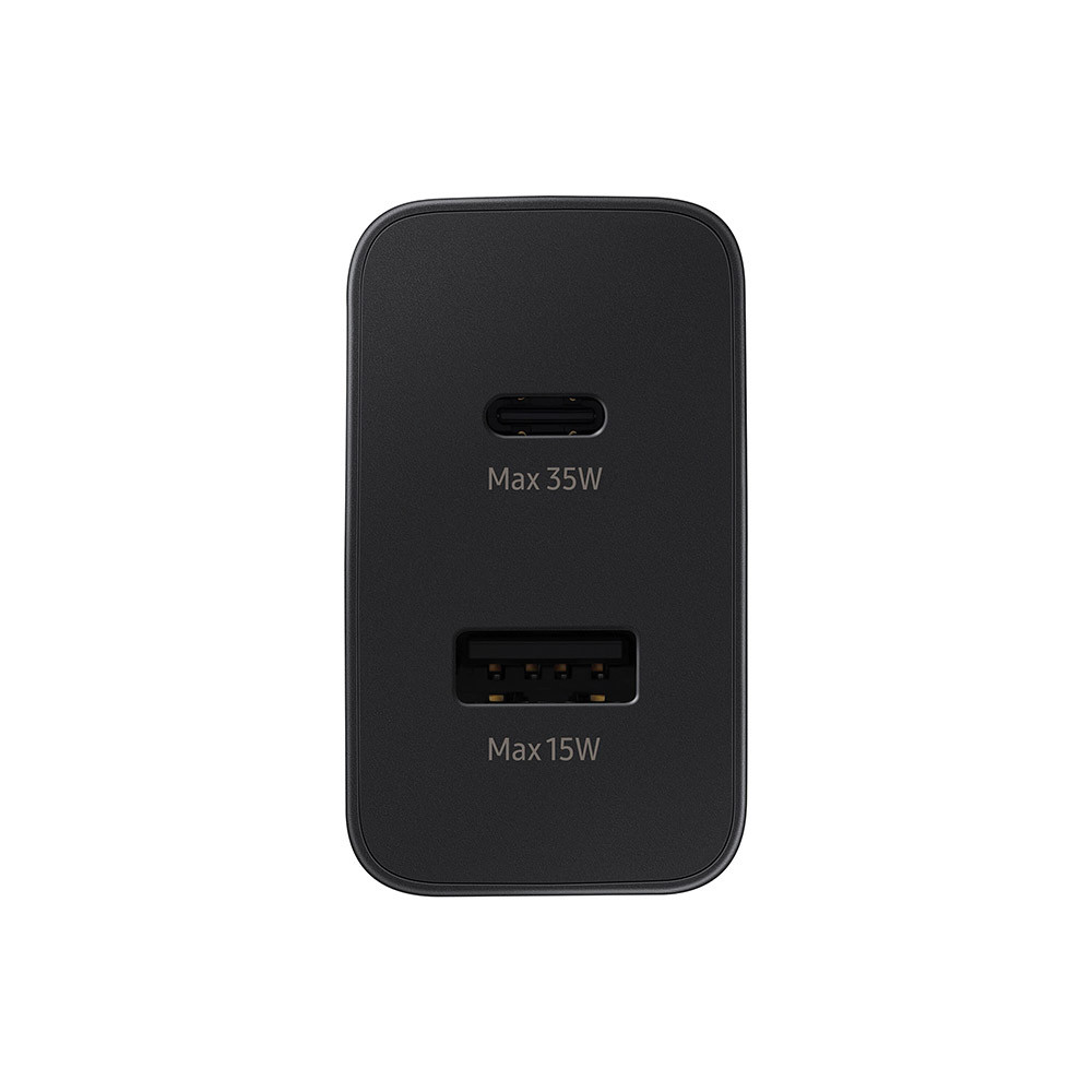 Schwarzes Ladegerät mit zwei Anschlüssen, einem USB-C mit 'Max 35W' und einem USB-A mit 'Max 15W'.