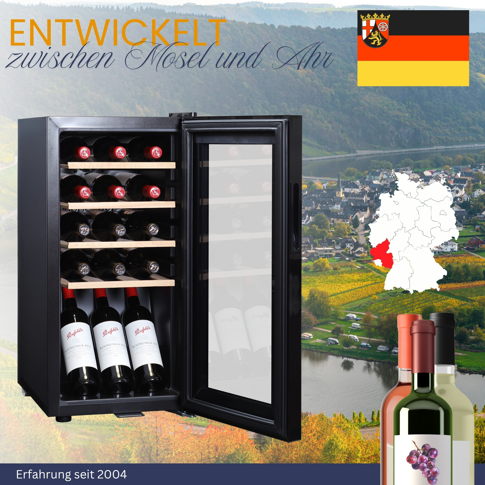 Weinkühler mit Flaschen, Hintergrund mit Landschaft und deutsche Flagge.