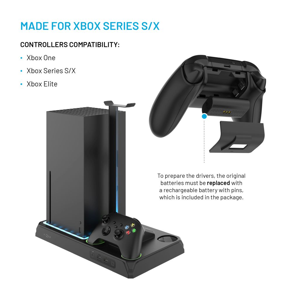 Supporto per console di gioco per Xbox Series S/X con un controller e accessori.