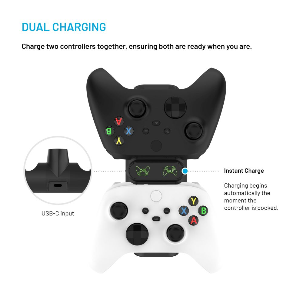 Due controller sono collegati insieme, uno nero e uno bianco. Entrambi i controller hanno pulsanti e un ingresso USB-C.