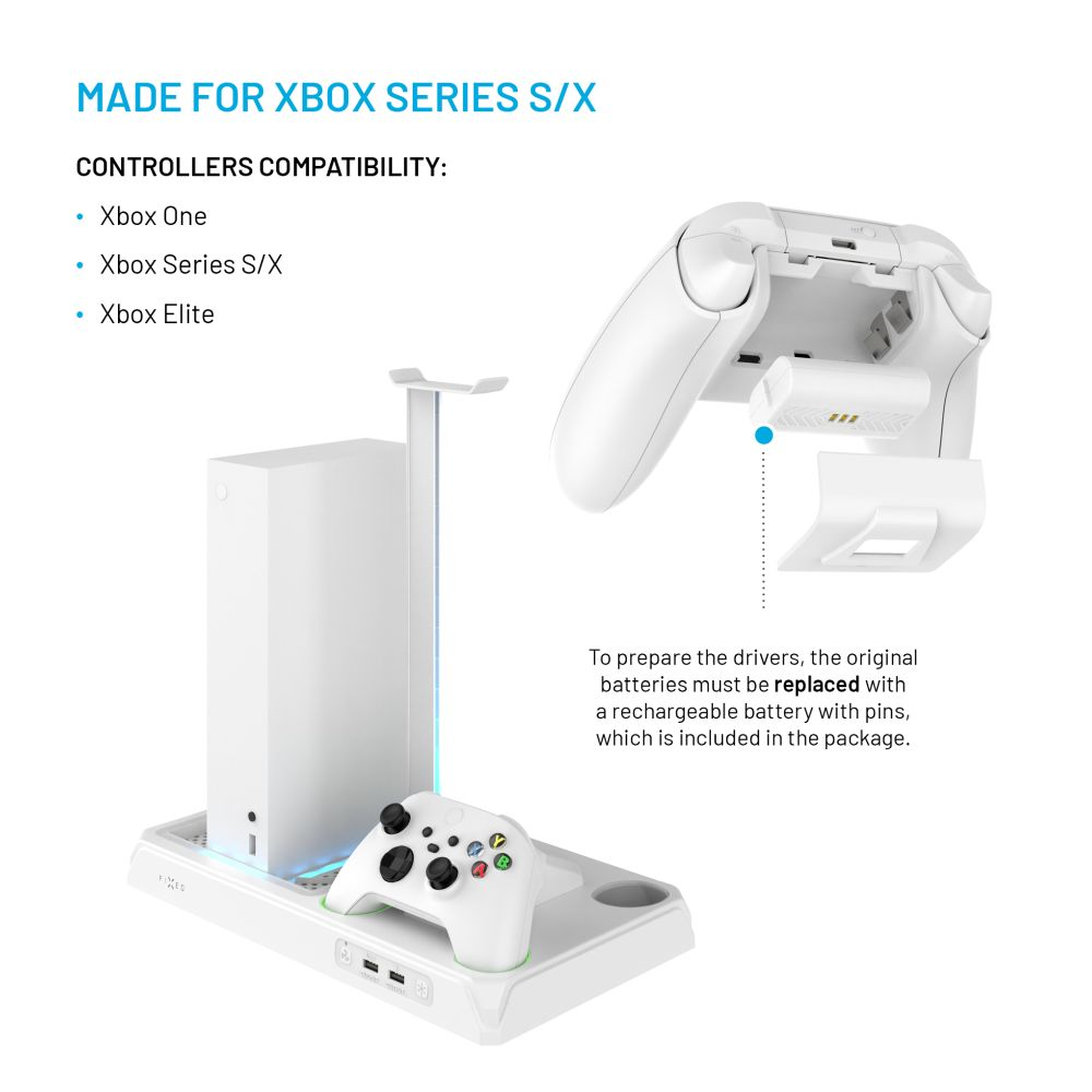 Controller Xbox bianco smontato, mostra vano batterie. Il testo indica la sostituzione.