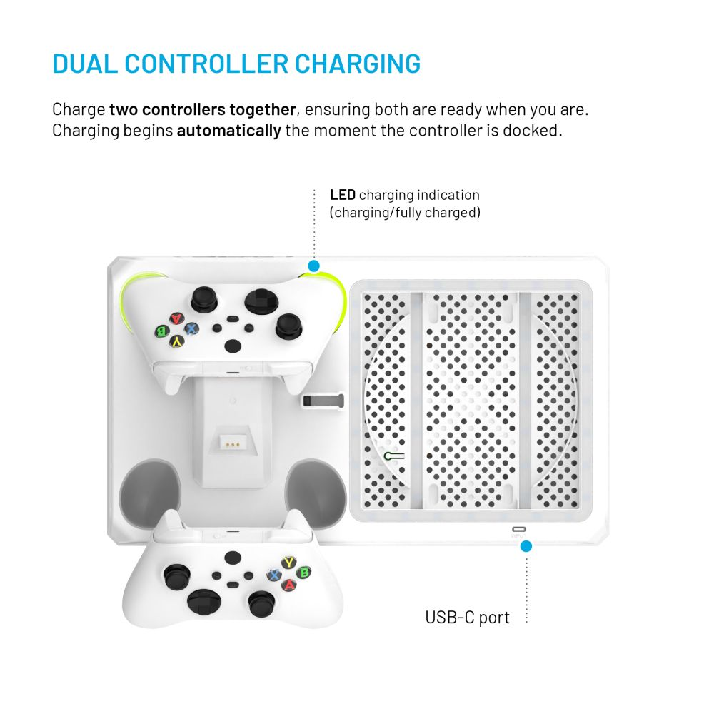 Una stazione di ricarica bianca con controller, che mostra indicatori LED e una porta USB-C.