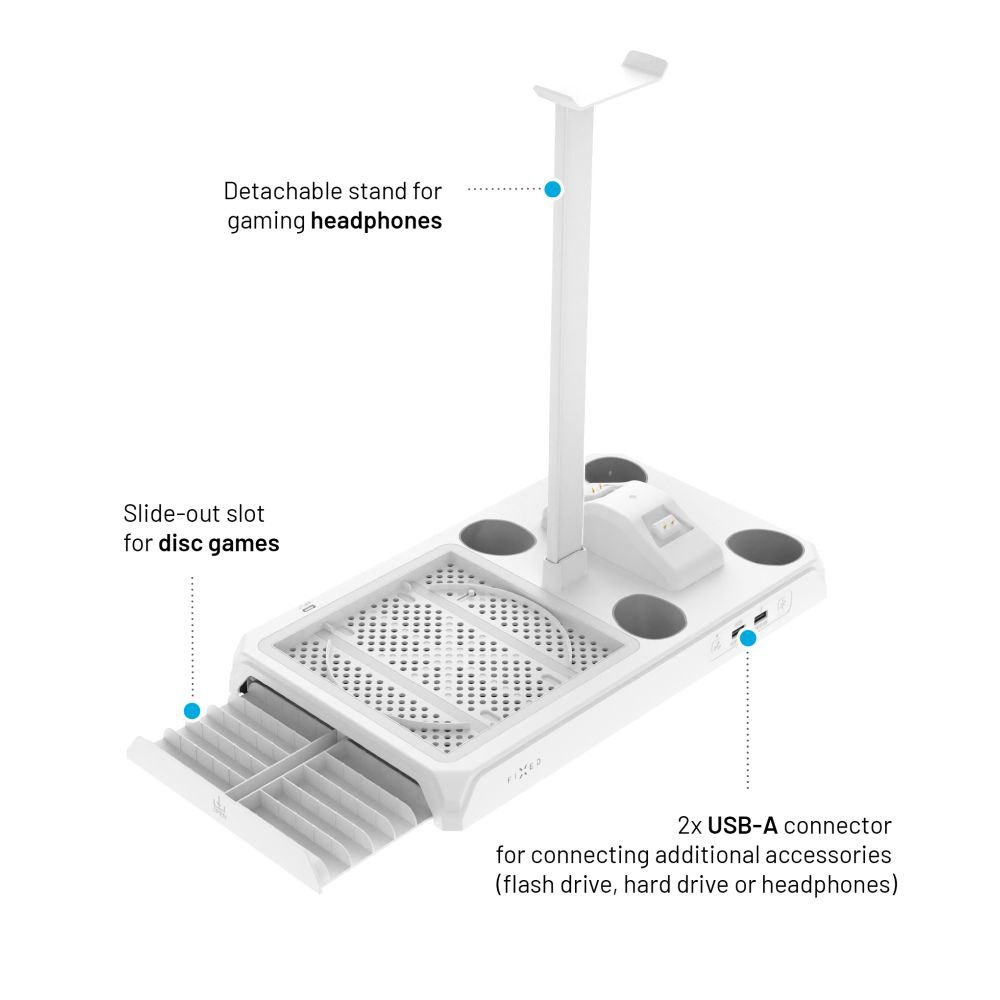 Docking station bianca con slot estraibile per giochi su disco e supporto cuffie rimovibile.