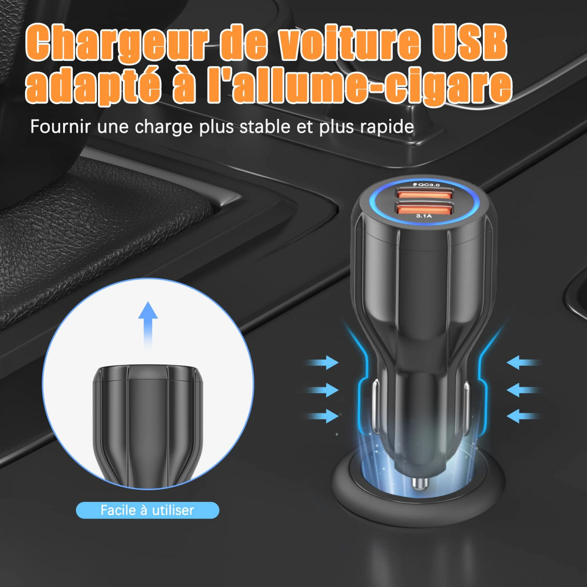 Autoladegerät in einem Auto. Der Text lautet 'Einfach zu bedienen'. Das Ladegerät hat zwei USB-Anschlüsse.