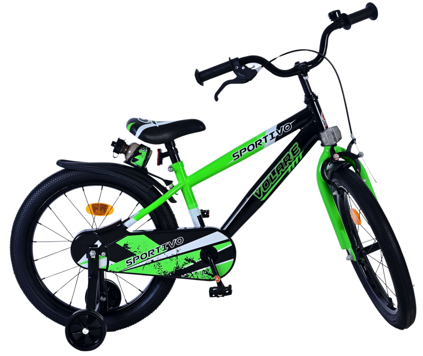 Schwarz-grünes Kinderfahrrad mit Stützrädern. Der Rahmen trägt das Wort 'Sportivo'.