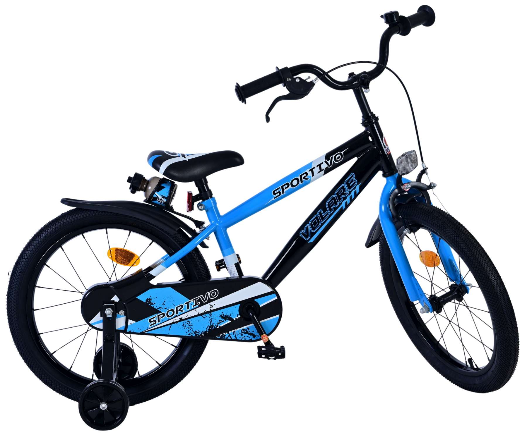 Schwarz-blaues Kinderfahrrad mit Stützrädern. Auf dem Rahmen steht das Wort 'Sportivo'.