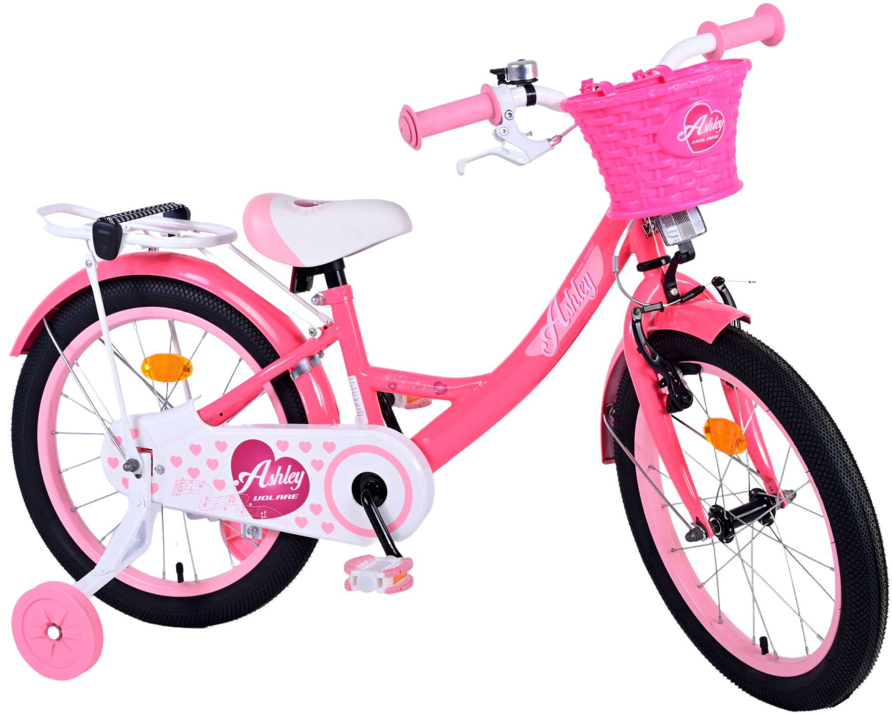 Rosa Fahrrad mit Korb, weißem Sitz und Stützrädern. Das Fahrrad hat rosa Stützräder.