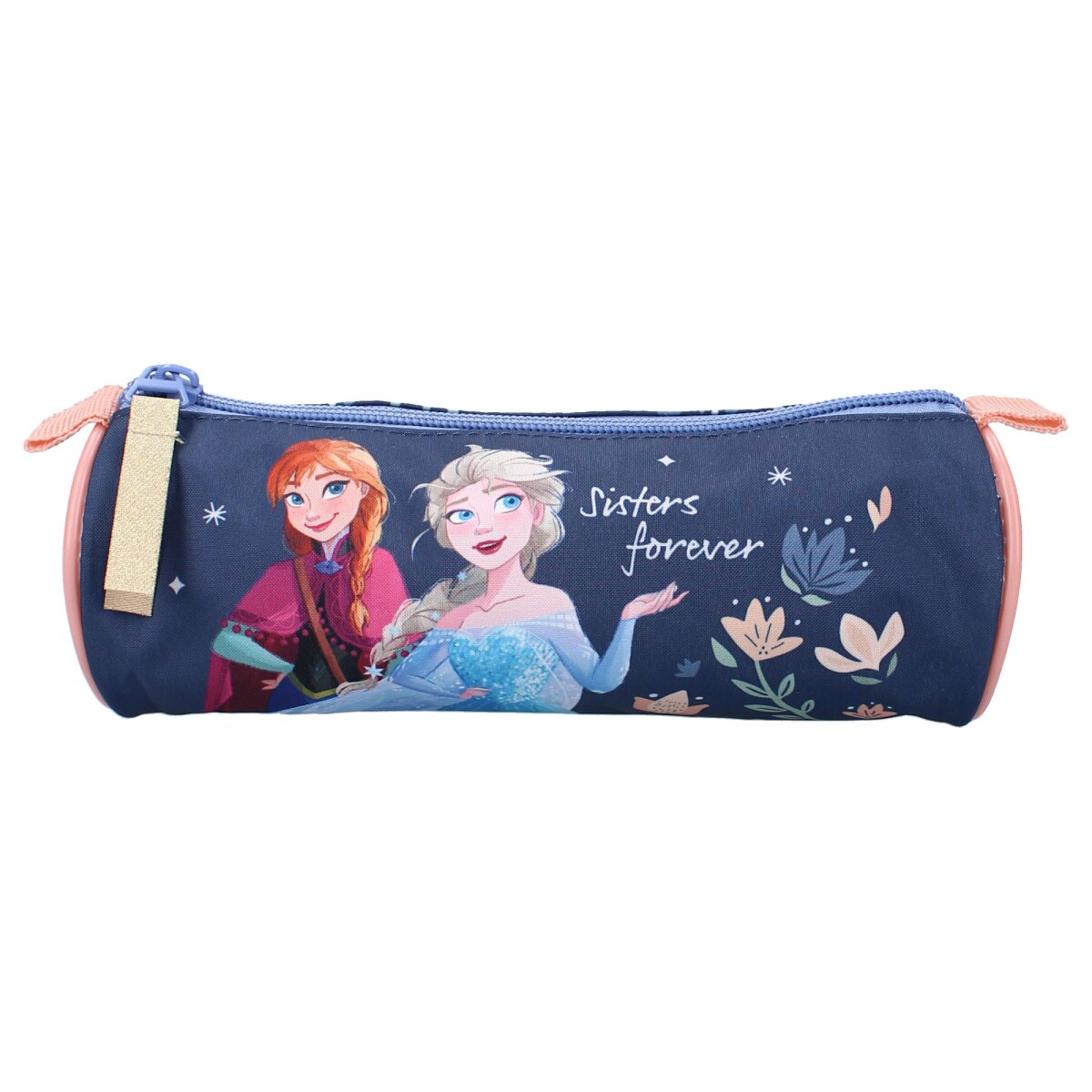 Blaues Federmäppchen mit Elsa und Anna aus Frozen. Das Federmäppchen hat einen Reißverschluss und den Text "Sisters forever."